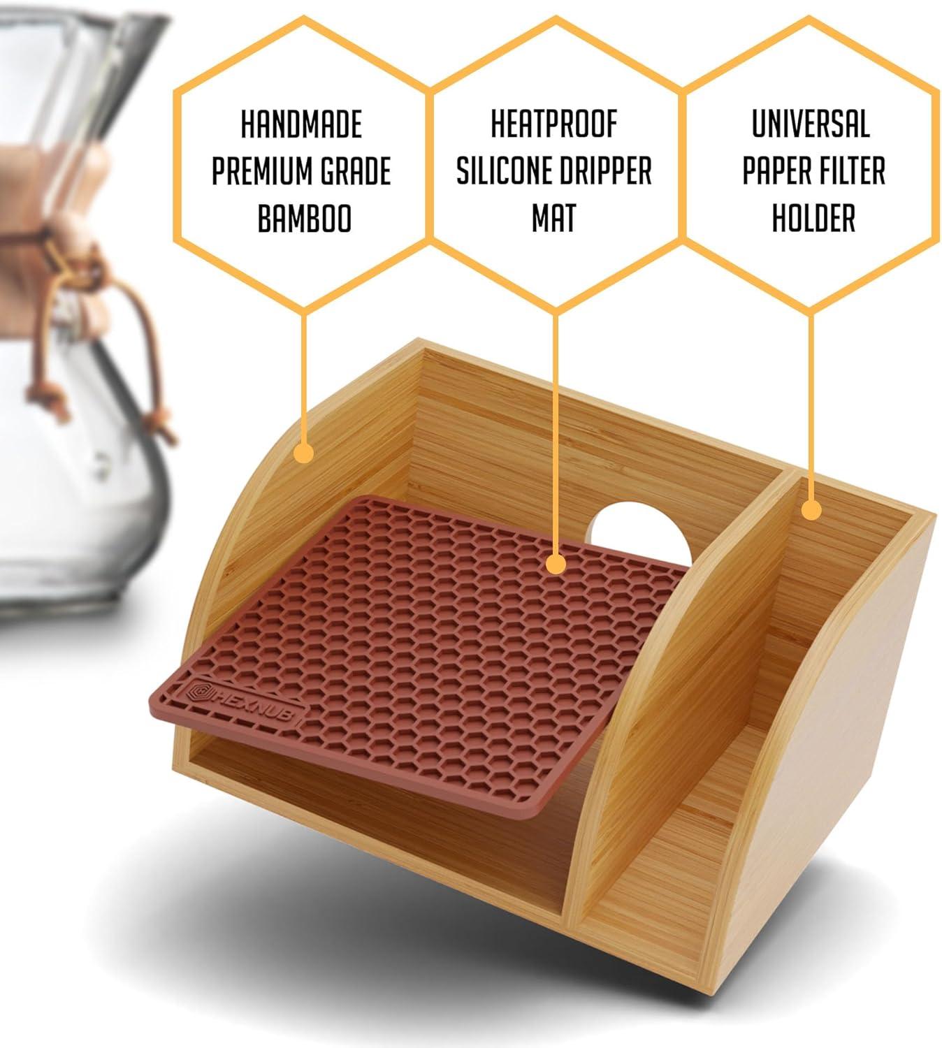 HEXNUB Bamboo Caddy for Chemex, Bodum, Cosori Pour Over Coffee Makers - Cork Mat