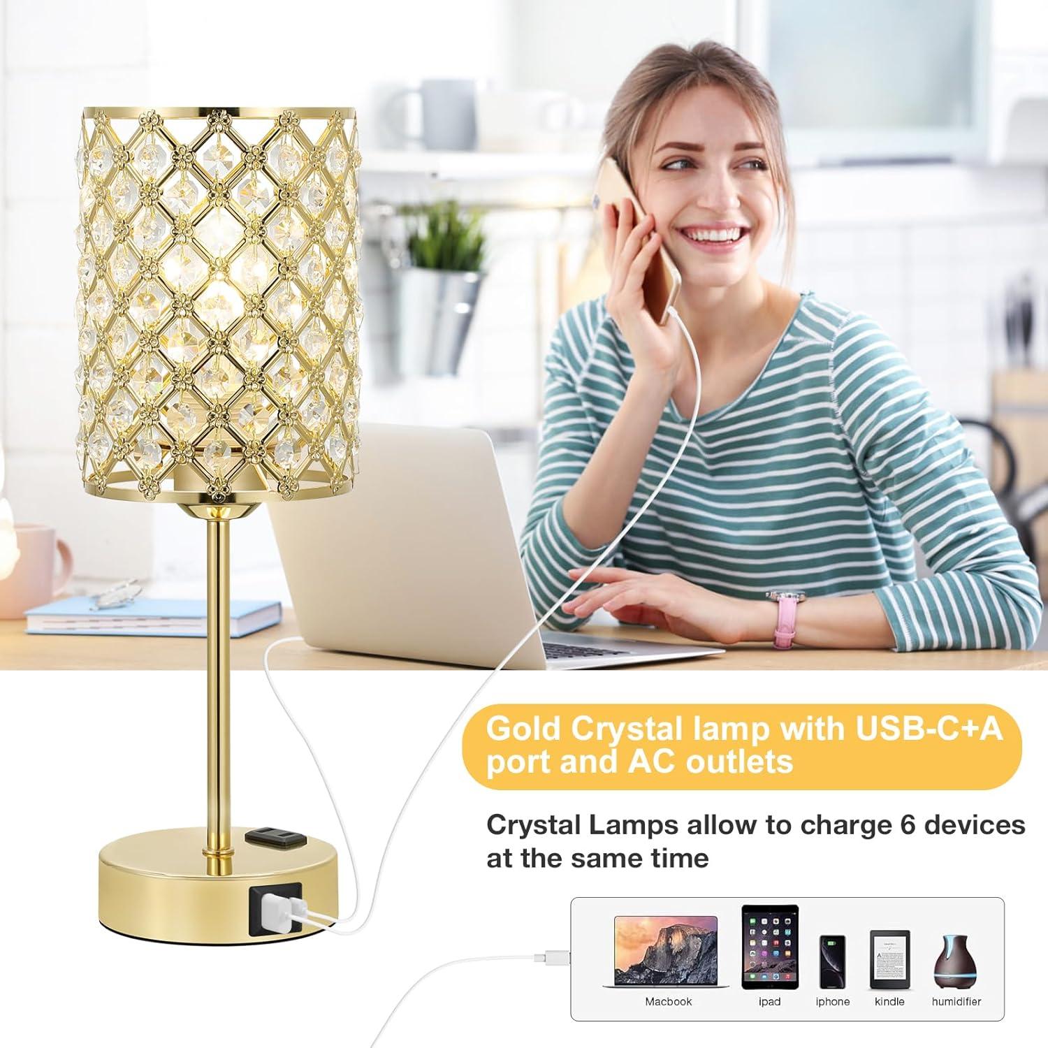 Crystal Touch Control Table Lamp - Dimmable Bedside Lamp with USB-C+A and AC Charging Ports, 3-Way USB Gold Lamp, Desk Light for Bedroom, Living Room, Home Office (Bulb Included, Set of 2)