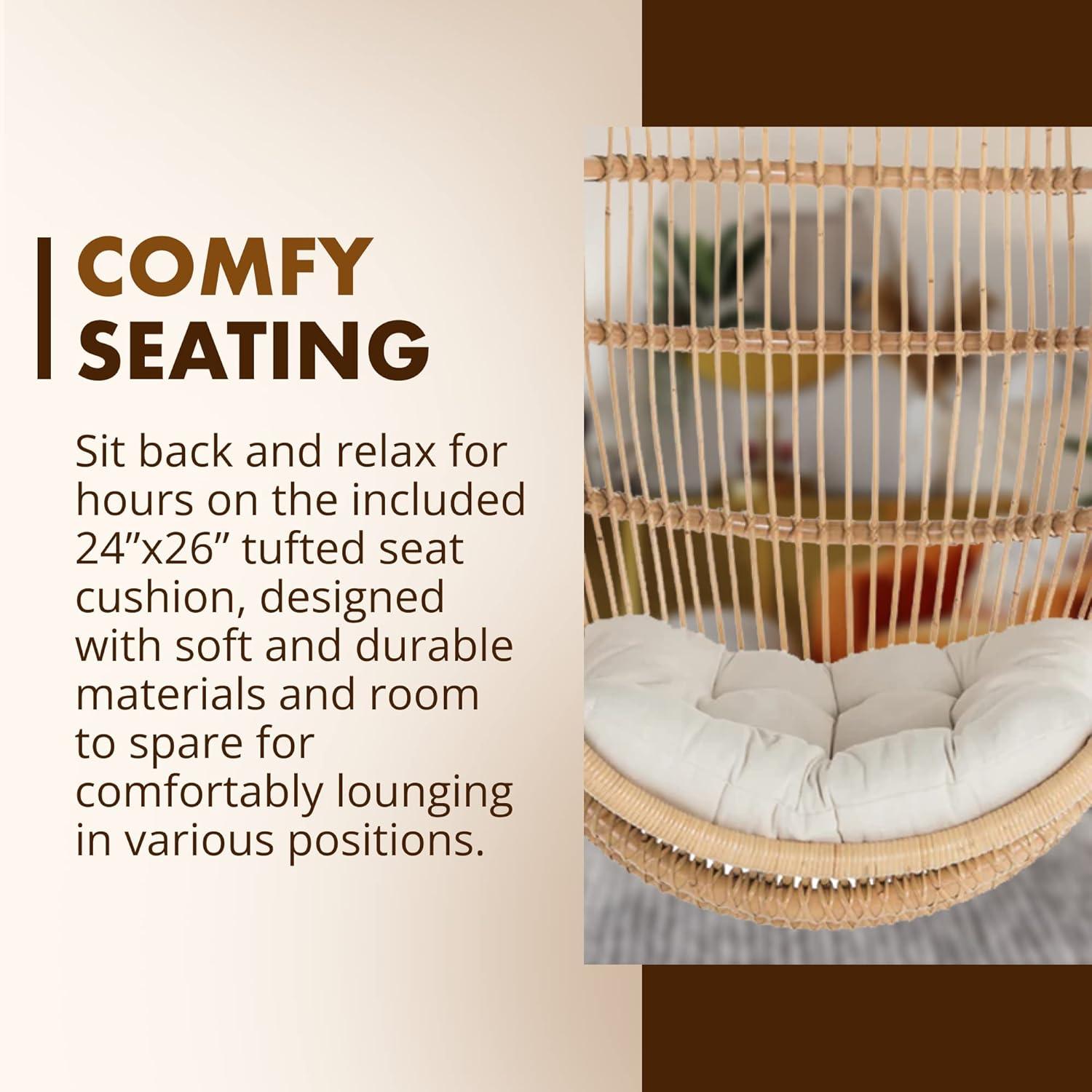 KOUBOO Hanging Rattan Swing Chair with Seat Cushion, Handwoven Natural Rattan Chair, Coastal Home Decor Furniture for Bedroom, Living Room, & Sun Room, Natural