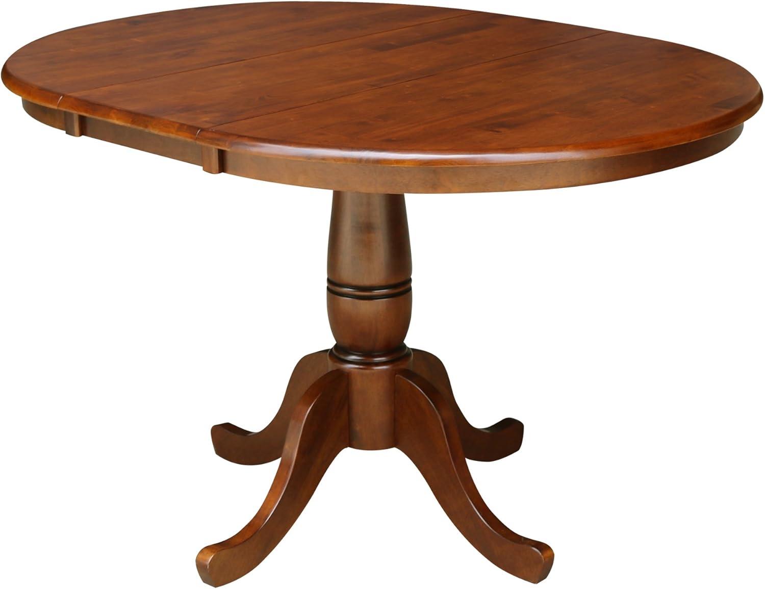 International Concepts Round Pedestal 36" Extendable Dining Table with 12" Drop Leaf: Mid-Century Style, Seats 4, Hardwood