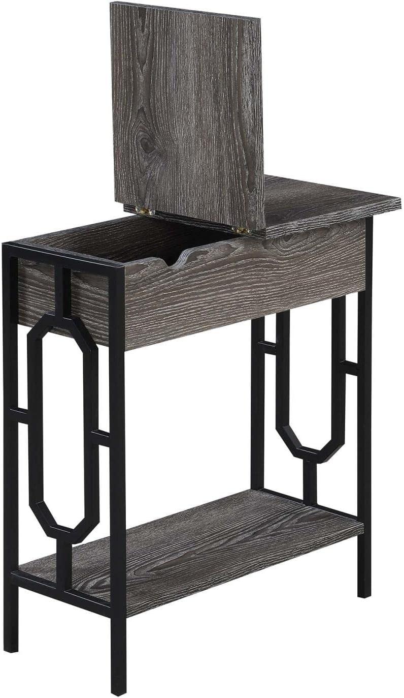 24 in. Omega Flip Top End Table with Charging Station, Weathered Gray Wood & Black