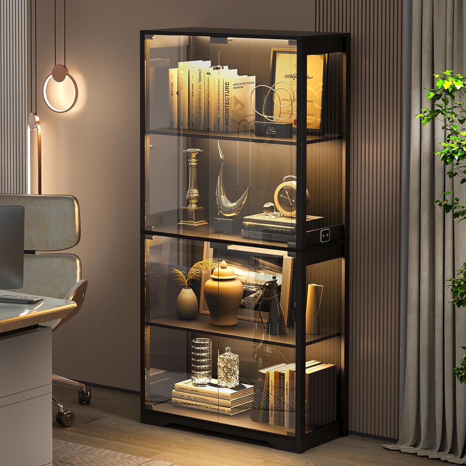Display Cabinet with Glass Doors, 4-Tier Curio Cabinet&Bookcase with 3 Color Light for Collectibles