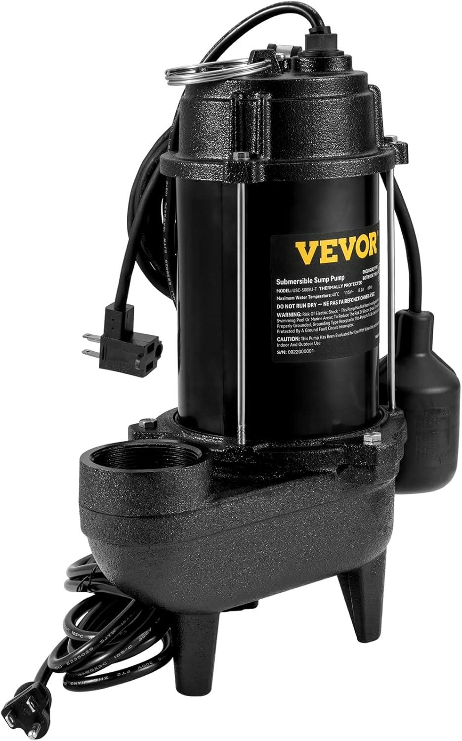 VEVOR 3/4 HP Black Cast Iron Submersible Sewage Pump with Float Switch