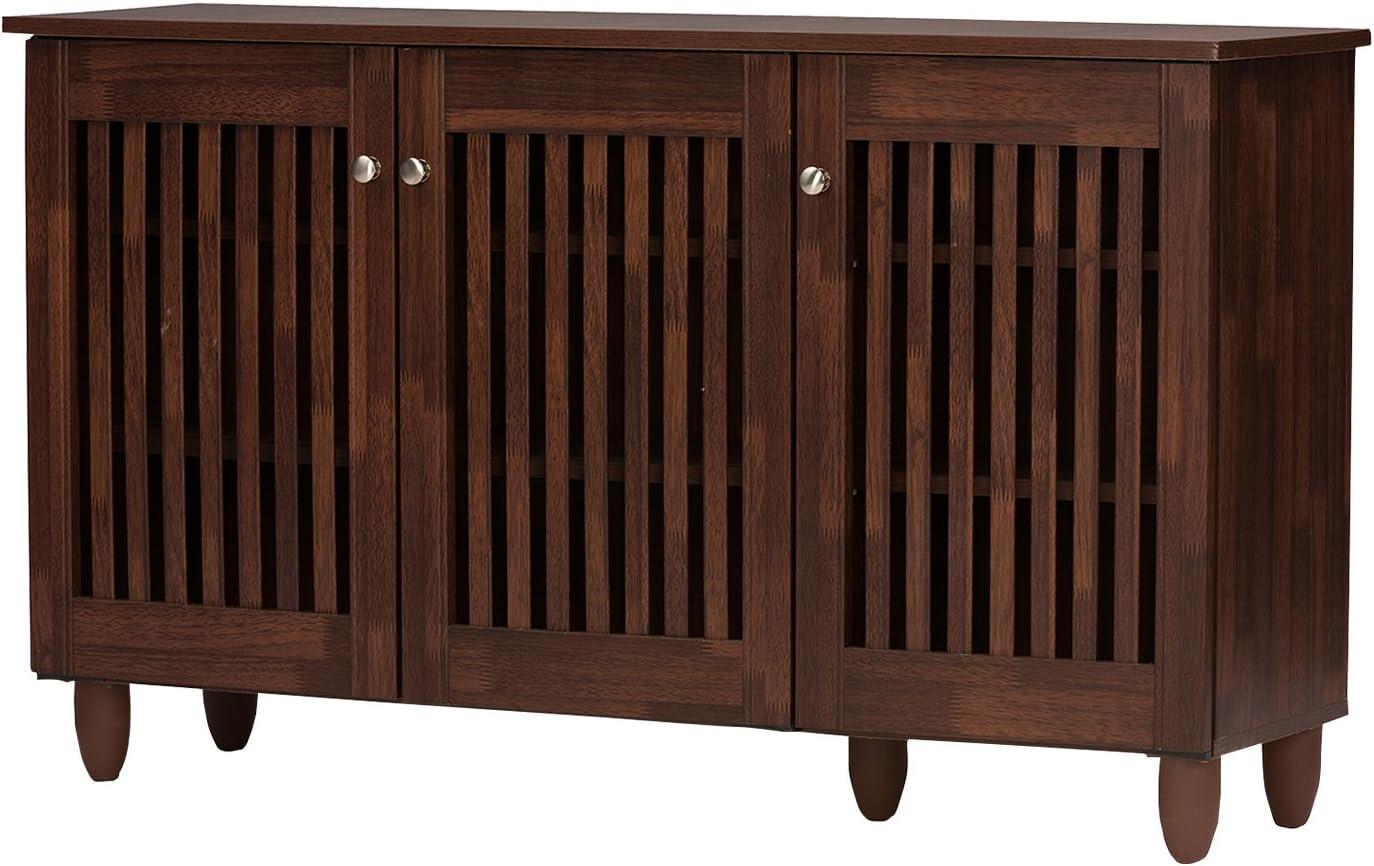Fernanda Modern and Contemporary 3-Door Wooden Entryway Shoes Storage Wide Cabinet - Oak Brown - Baxton Studio: 10 Fixed Shelves, Hardwood & MDF