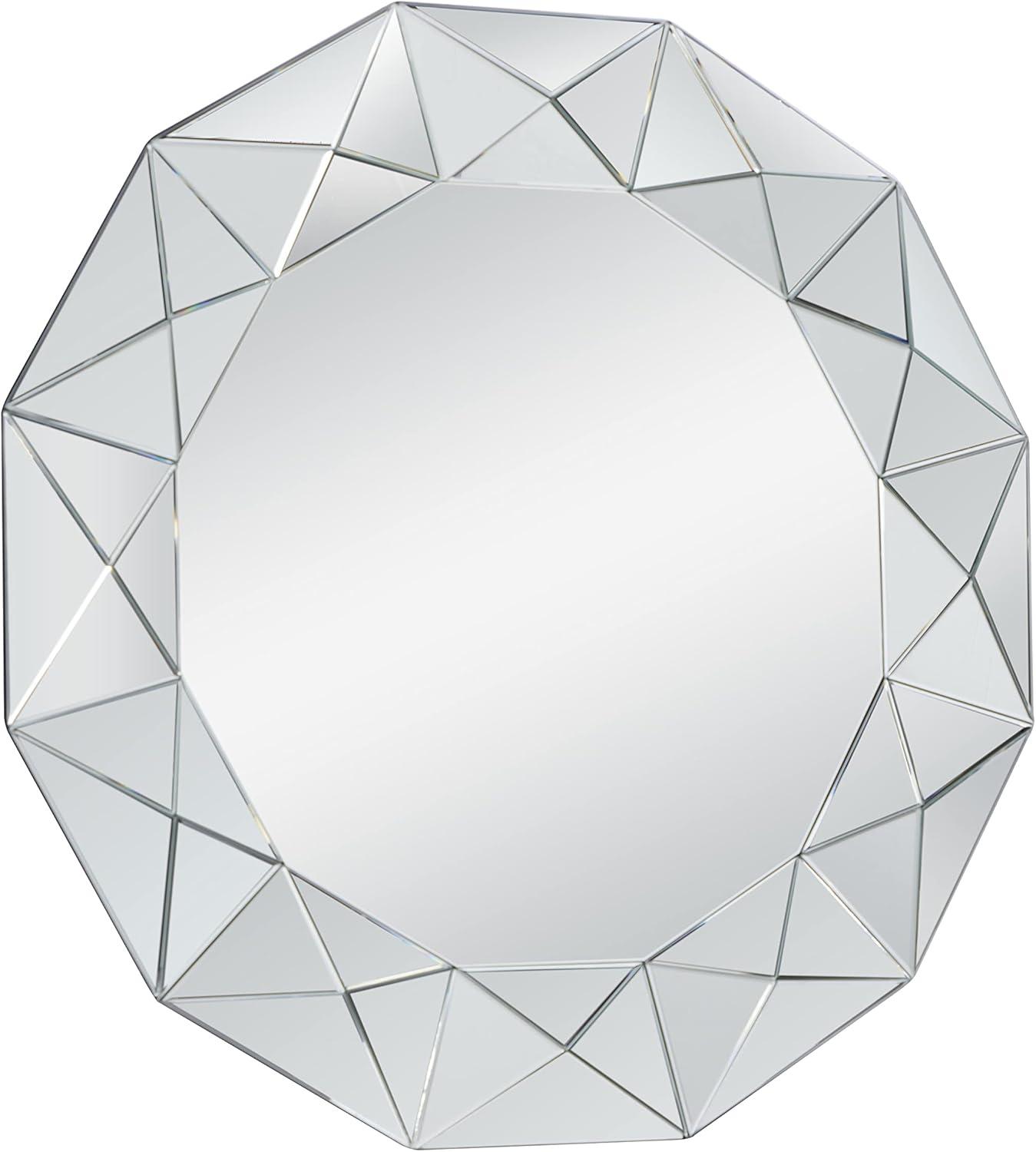 DecMode Glam Glass Silver Round Wall Mirror with Triangular Patterns, 40"D