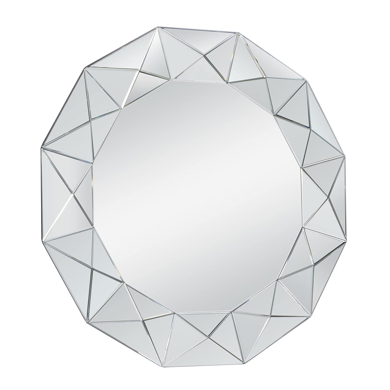 DecMode Glam Glass Silver Round Wall Mirror with Triangular Patterns, 40"D