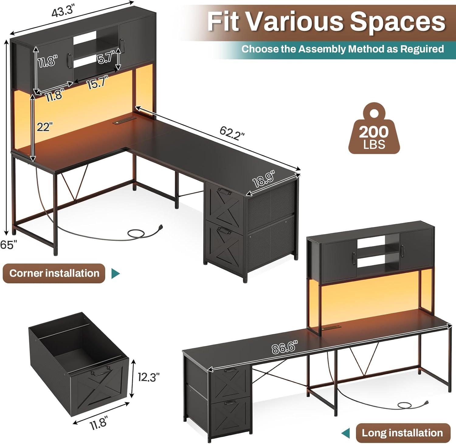 L-Shaped Computer Desk with LED Lights & Hutch & Pegboard, Reversible Gaming Desk with Monitor Stand & Drawers for Home Office, Black