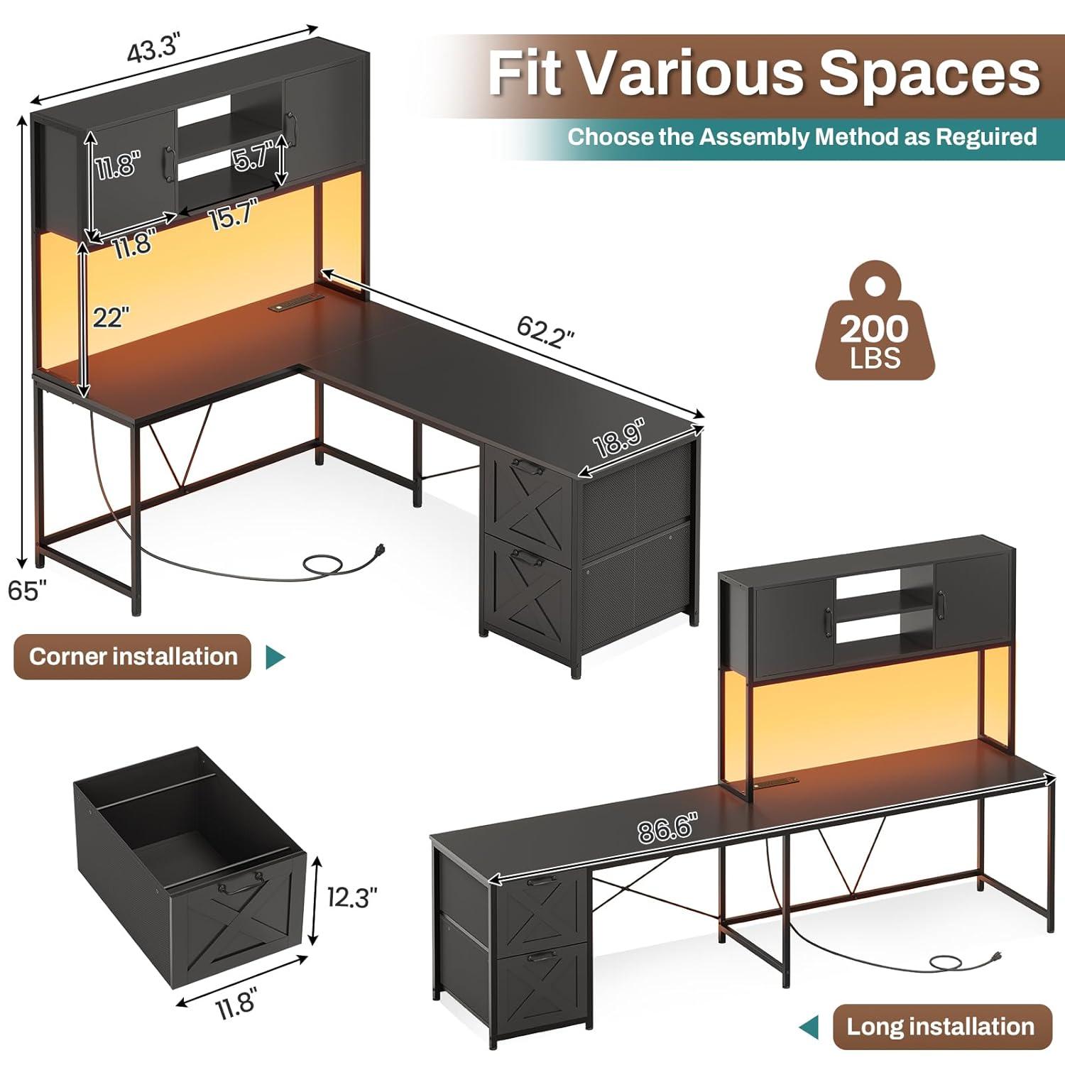 L-Shaped Computer Desk with LED Lights & Hutch & Pegboard, Reversible Gaming Desk with Monitor Stand & Drawers for Home Office, Black