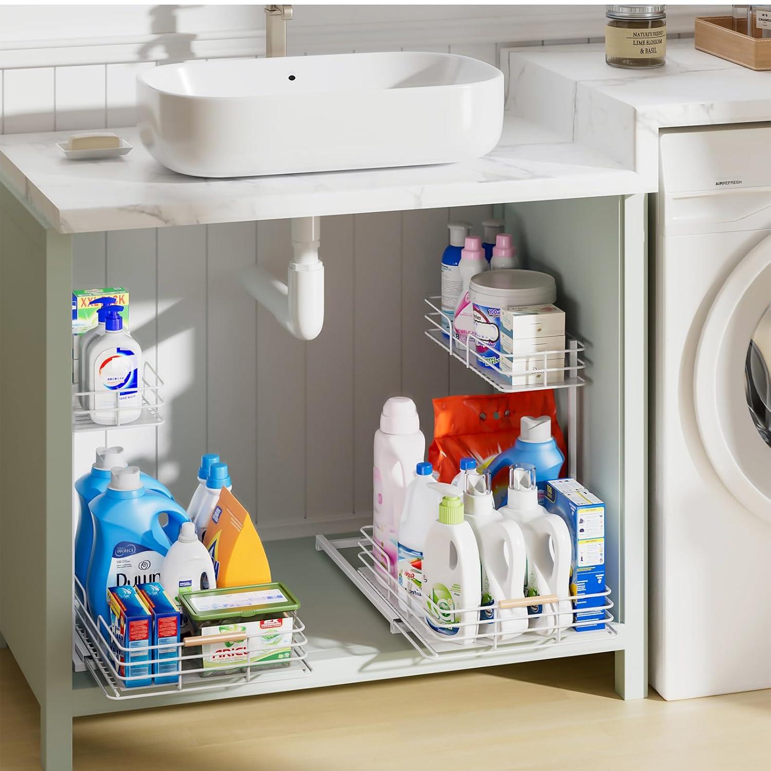 Delamu 2 Pack Under Sink Organizer and Storage, 2 Tier Pull Out Cabinet Organizer, Slide Out Under Sink Storage Shelf for Kitchen Bathroom, White