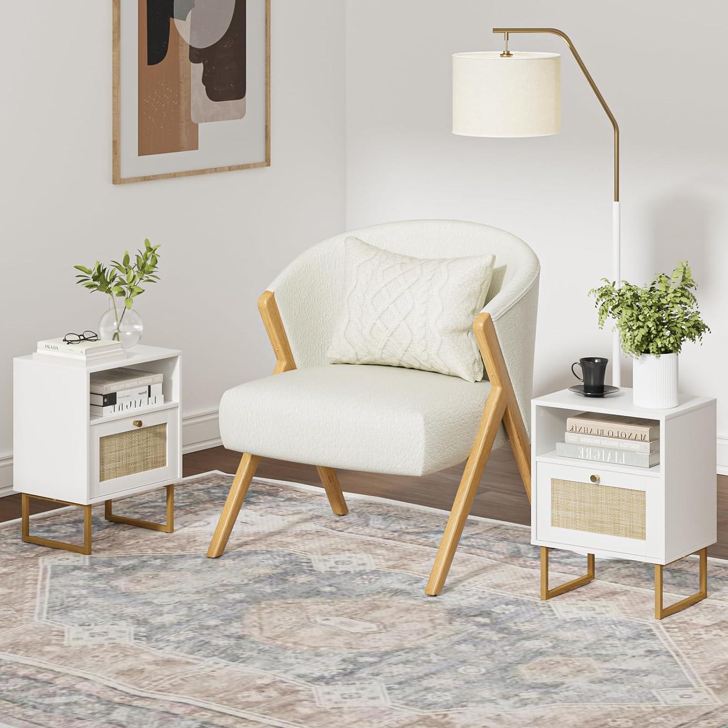 White and Gold Modern Rattan Nightstand with Drawer