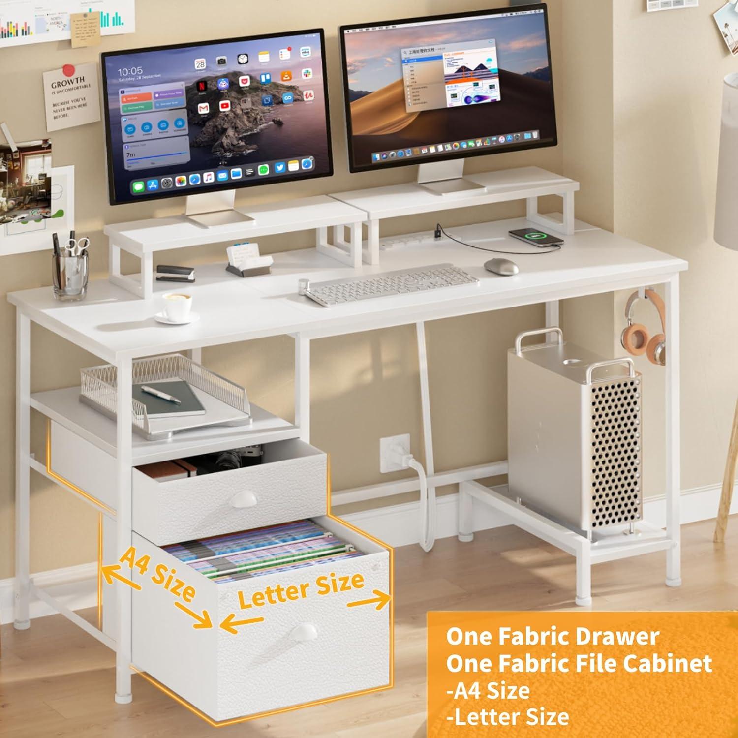 Furologee White 47" Computer Desk with Drawer & Power Outlets, Office Desk with 2 Monitor Stands & Fabric File Cabinet, Writing Gaming Table with Shelves & 2 Hooks for Home Office