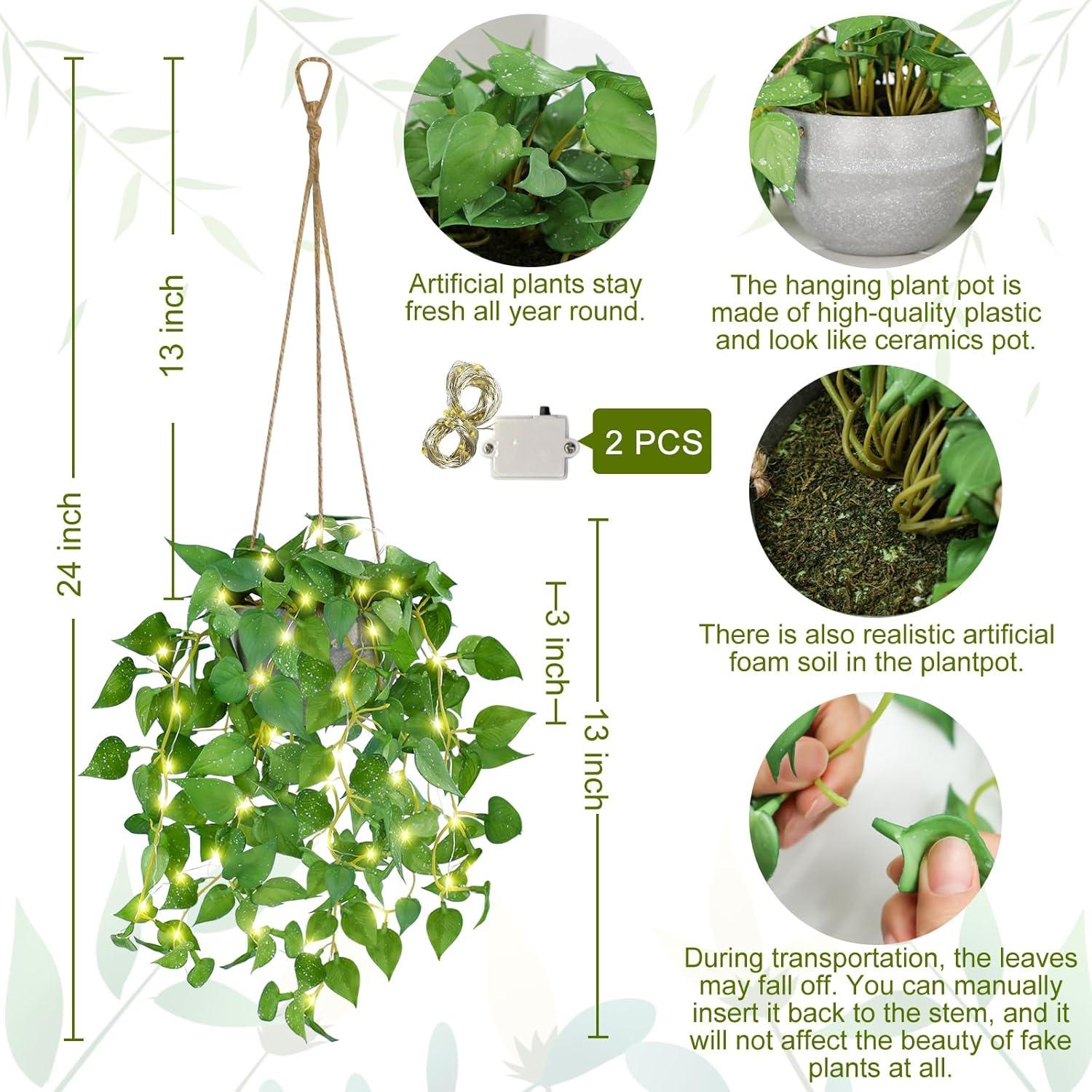 Hanging Plant Fake Plants with Pots, 2 Pack Artificial Plants, Faux Anthurium Leaf Basket for Wall Home Room Indoor Outdoor Decor