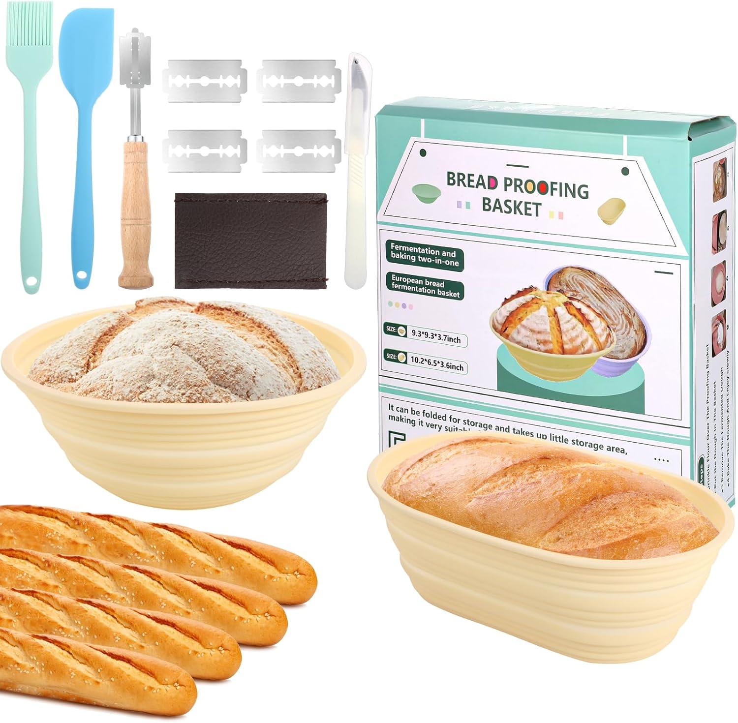 Premium Banneton Bread Proofing Basket Set of 2 - Silicone Sourdough Starter Kit 10 Inch Oval & 9 Food Grade Silicone Material Practical Bread Making Starter Kit