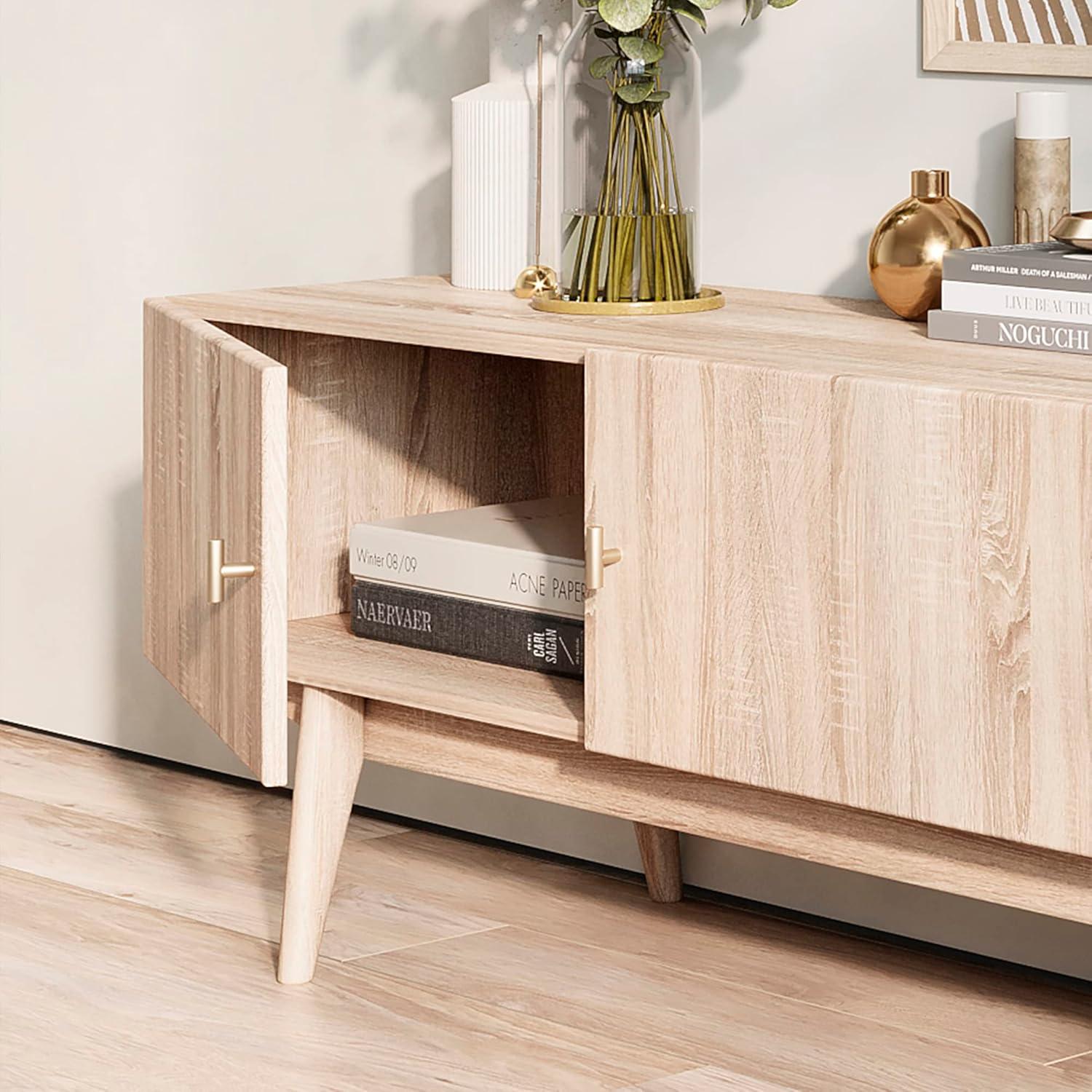 Living Skog  Chelsea Brown TV Stand Fits for TV's up to 65 in. with Slatted Design and Wood Legs Beige Matte Laminate, MDF