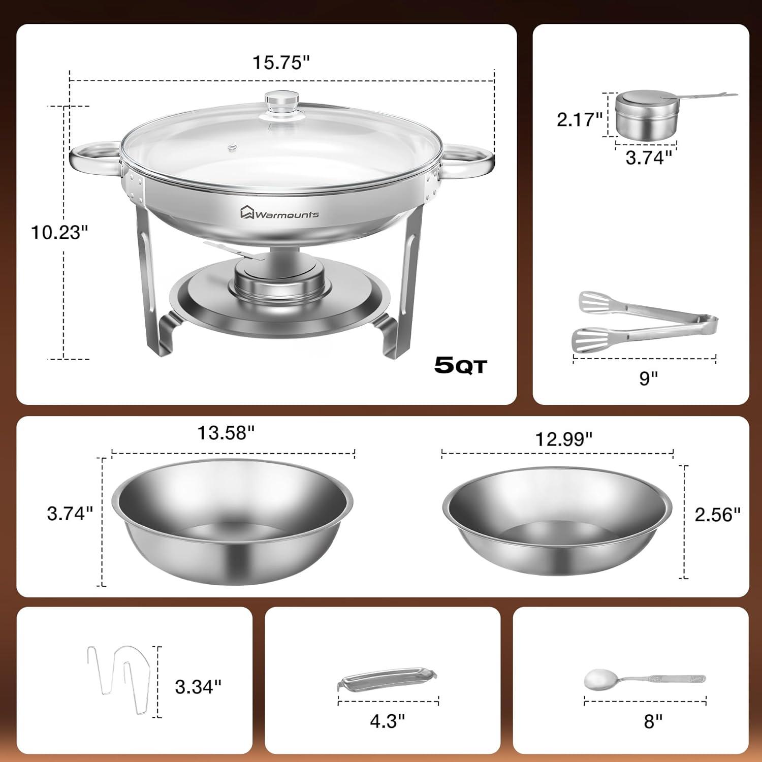 Warmounts 5QT  4-Pack Round Chafing Dish Buffet Set Food Warmer with Glass Lids & Holders