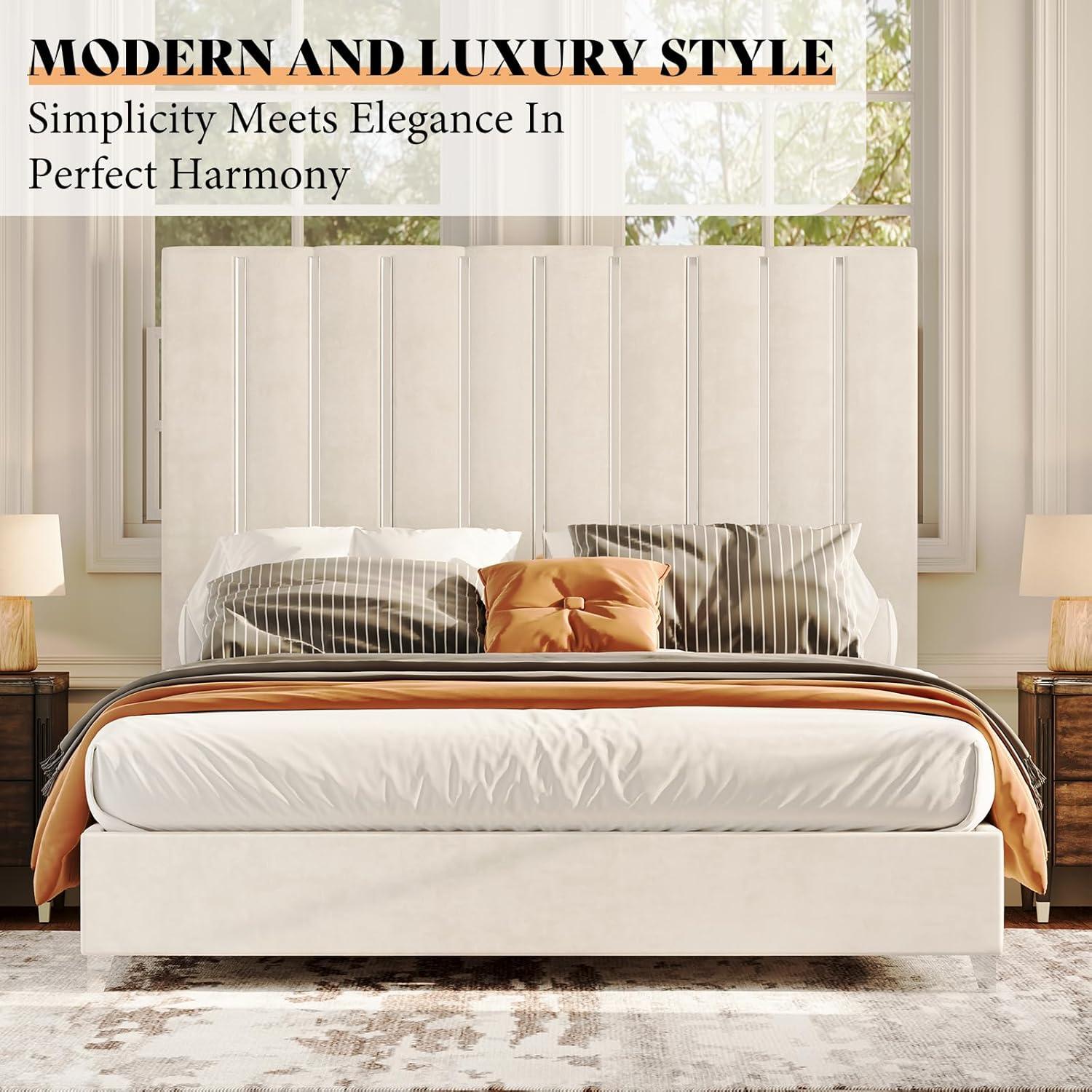 Merluxy King Size Bed Frame with 58" Tall Headboard, Velvet Upholstered Platform Bed with Channel Tufted Wingback Headboard and Plating Trim, Cream