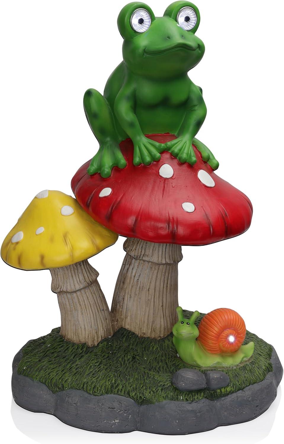 Solar Frog Sitting On Top of Mushroom Statue