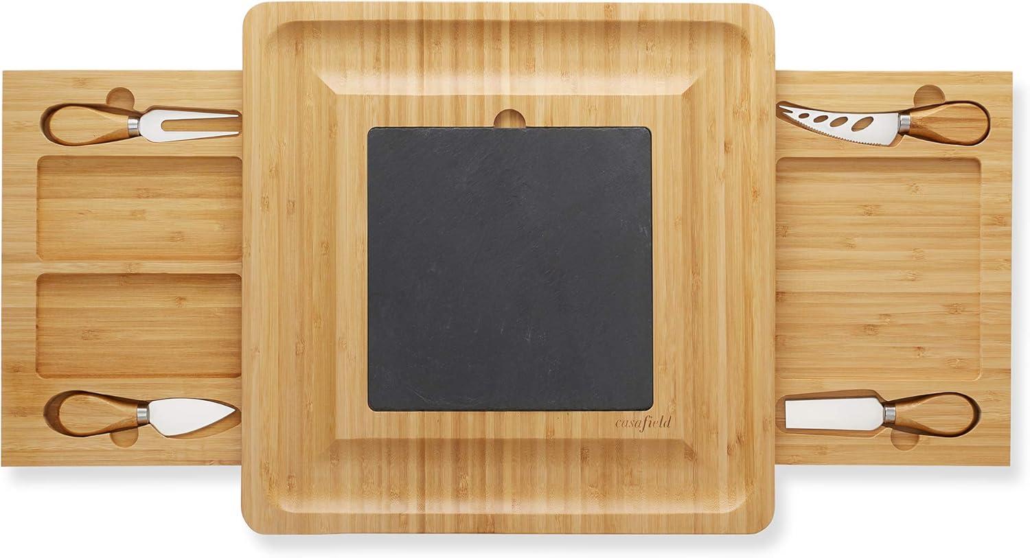 Casafield Bamboo Cheese Cutting Board with Removable Slate Cheese Plate, Stainless Steel Knives, and Slide-Out Snack Trays