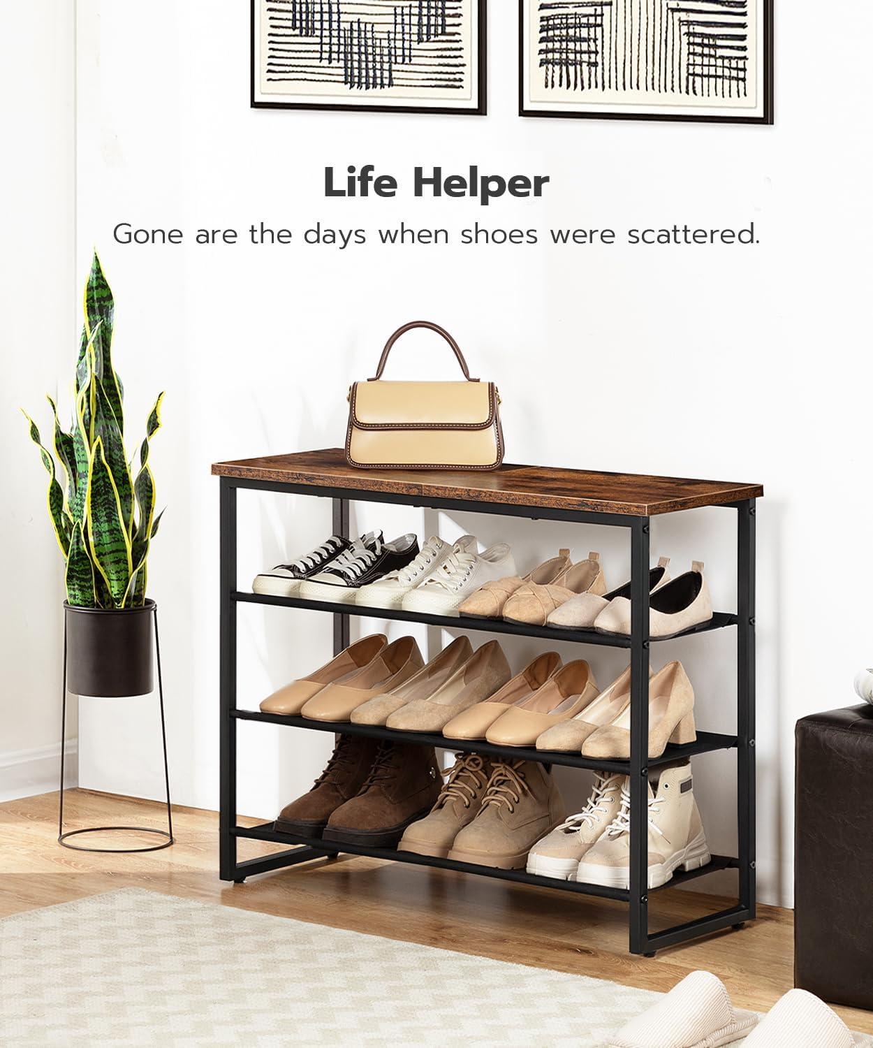 Rustic Brown 4-Tier Fabric and Metal Shoe Rack