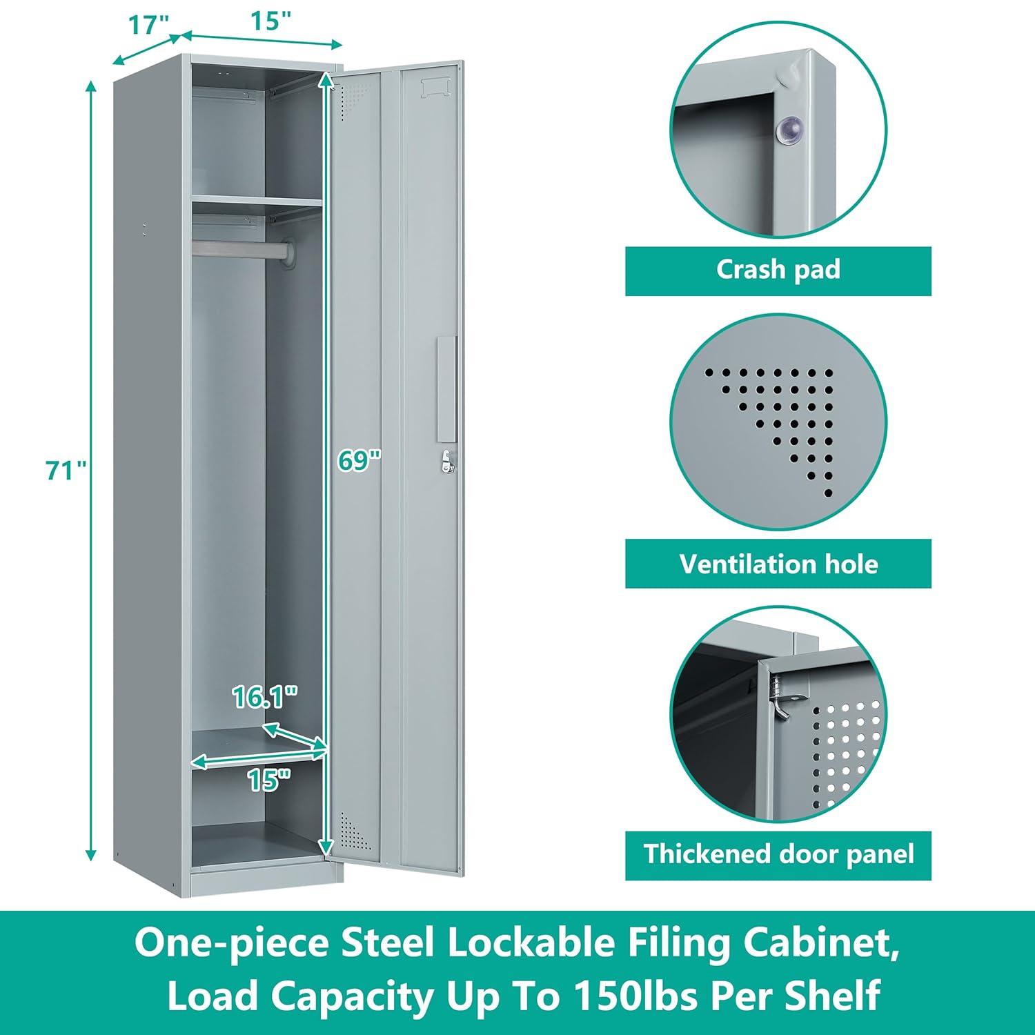 SISESOL Metal Locker Storage Cabinet with Doors and Shelves Metal Lockers with 6 Doors,71" Lockable Small Locker Storage Cabinet for Employees,School, Office, Home, Gym (Gray)