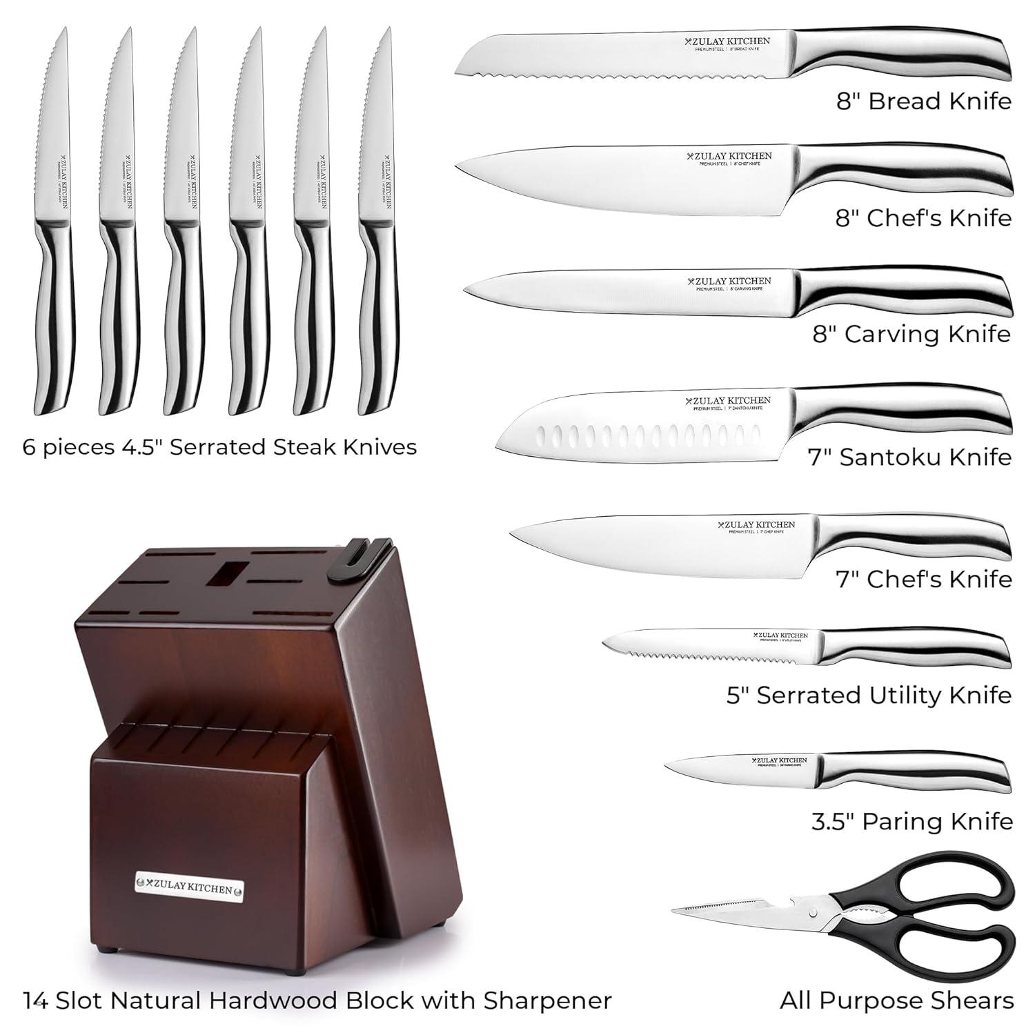 Zulay Kitchen Zulay Kitchen Premium 15-Piece Knife Set with Natural Wood Block and Built-in Sharpener