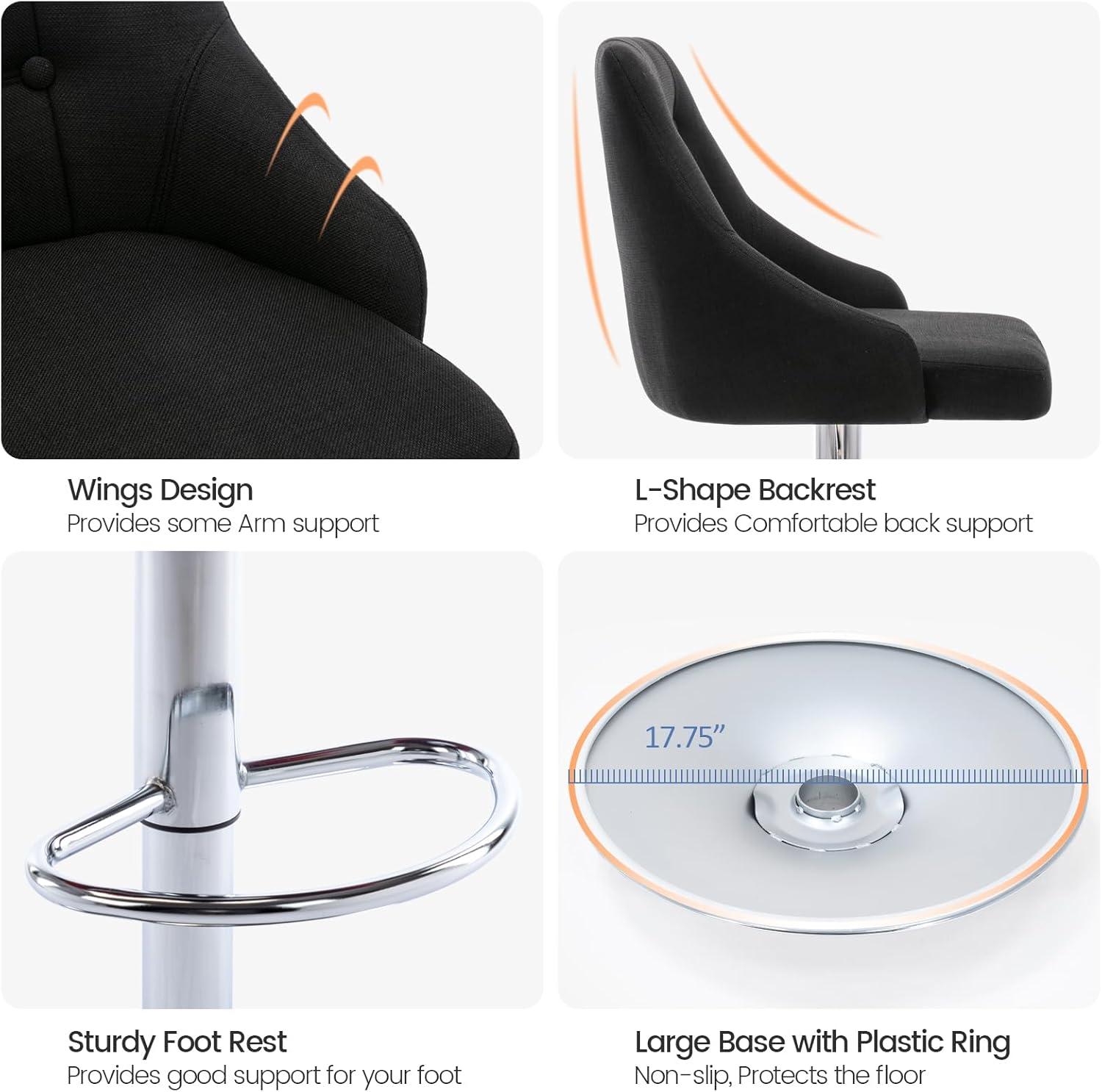 Brage Living Swivel Bar Stool with Back, Adjustable Fabric Tufted Barstool, Upholstered Counter Height Airlift Bar Chair for Kitchen Dining Cafe (Black)