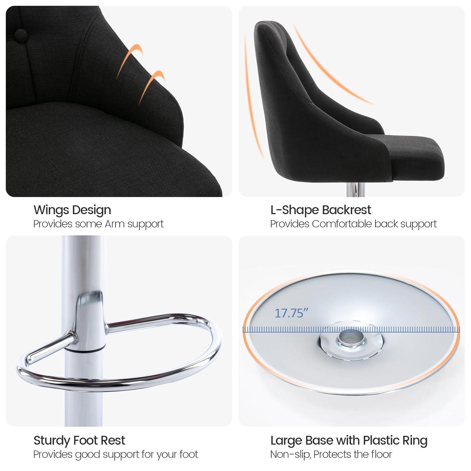 Brage Living Swivel Bar Stool with Back, Adjustable Fabric Tufted Barstool, Upholstered Counter Height Airlift Bar Chair for Kitchen Dining Cafe (Black)