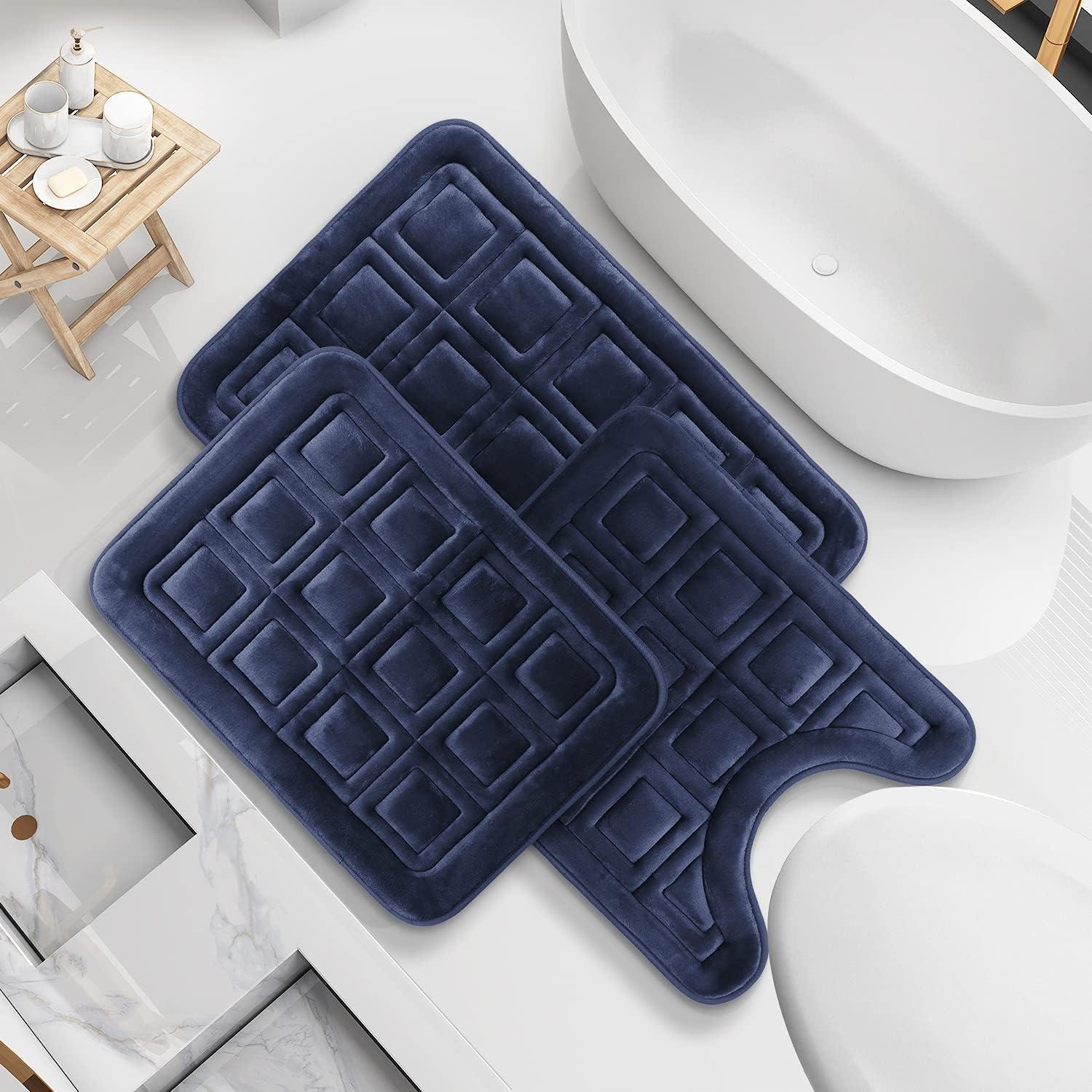 Navy Blue Velvet Memory Foam 3-Piece Bath Rug Set