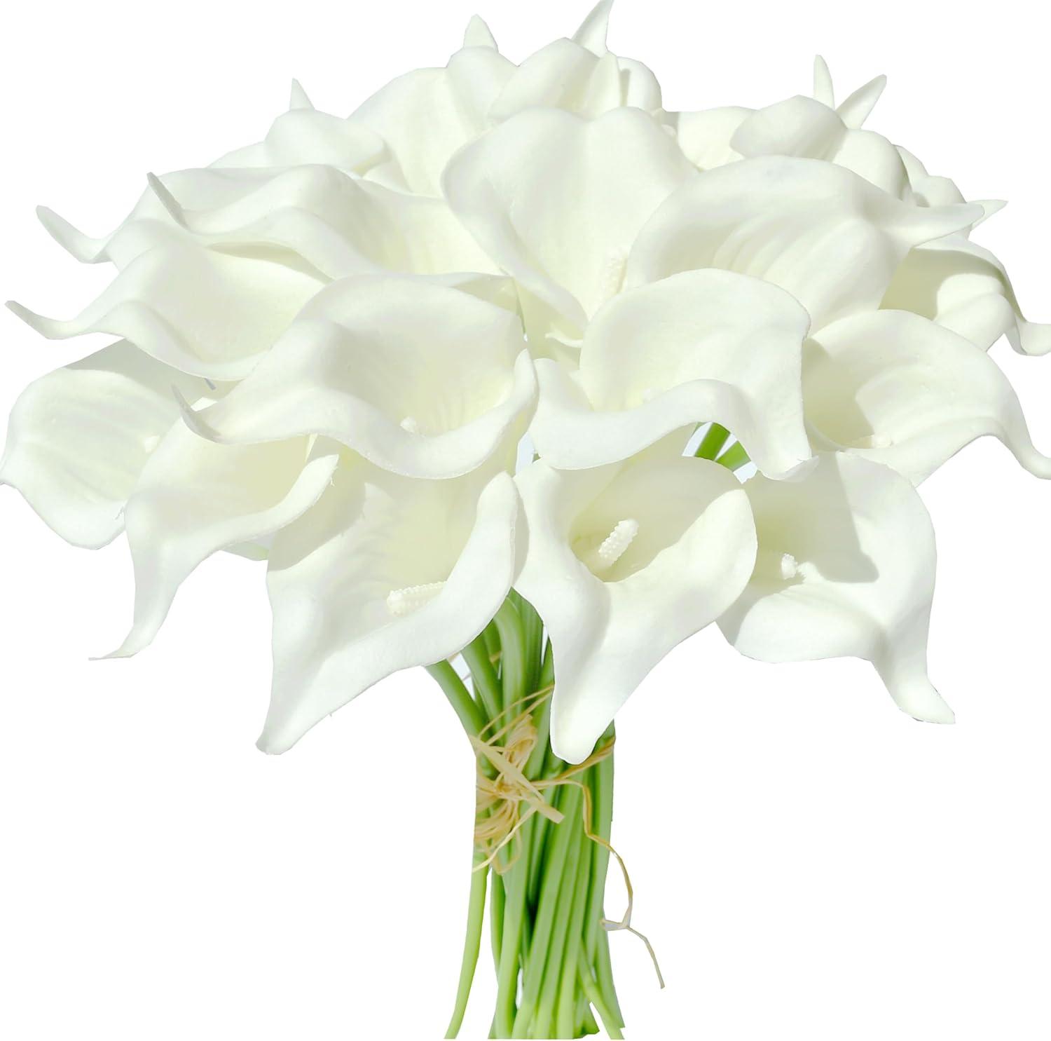 Namzi -a 20pcs Fake Flowers Artificial Calla Lily Silk Flowers 13.4 Inch for Mother's Day Easter Home Kitchen and Wedding (White)