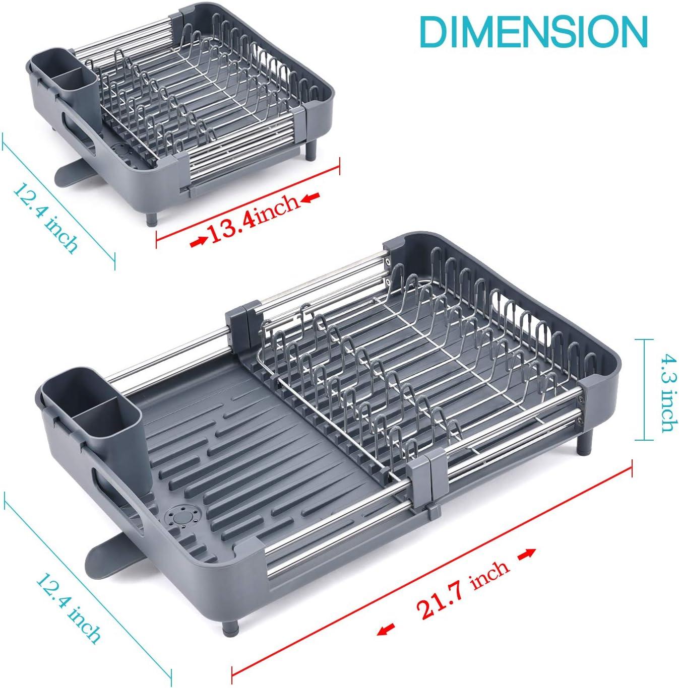 Gray Extendable Stainless Steel Dish Rack with Utensil Cup