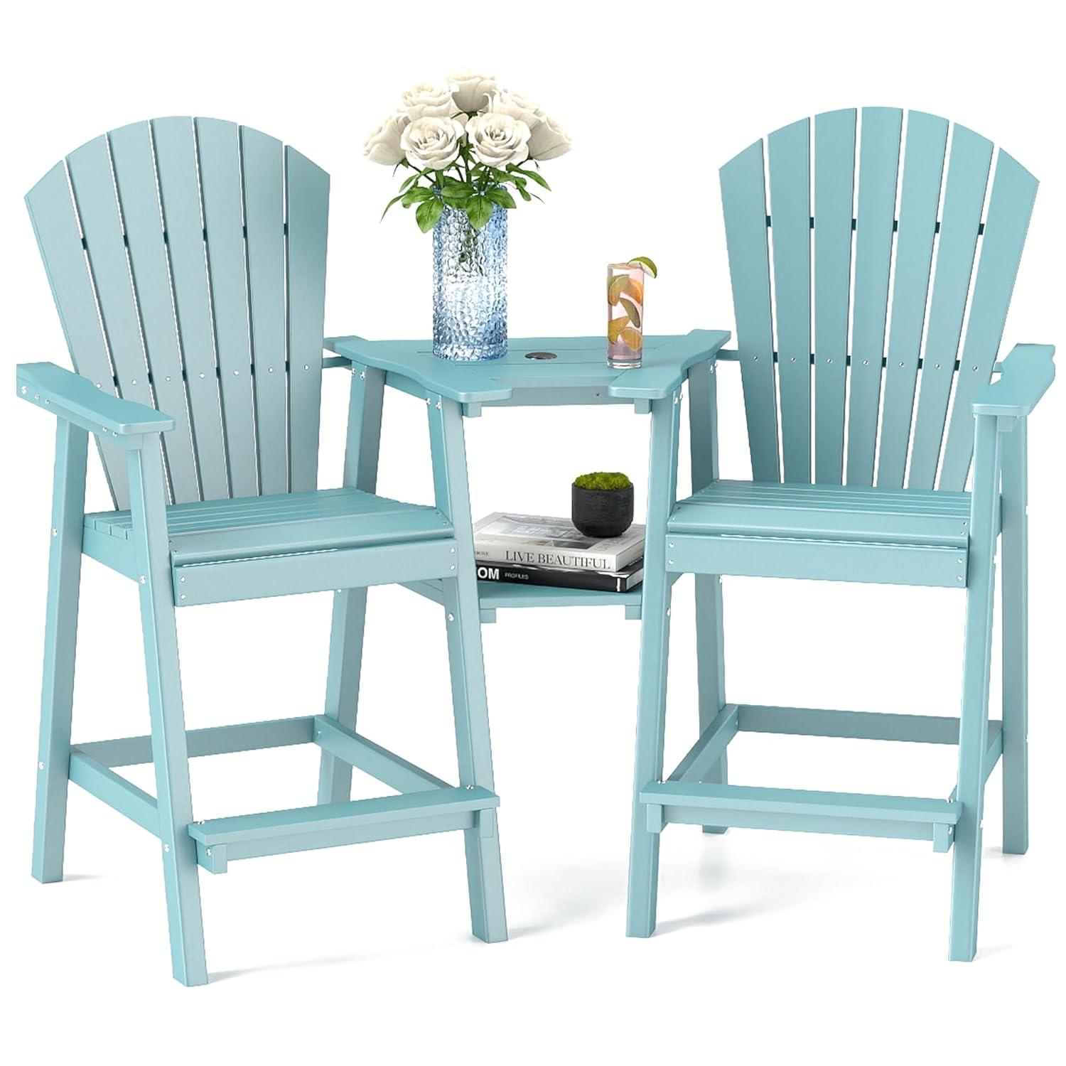 JUSTLET Tall Plastic Adirondack Chair Set of 2 W/ Outdoor Barstools and Connecting Tray, Brown
