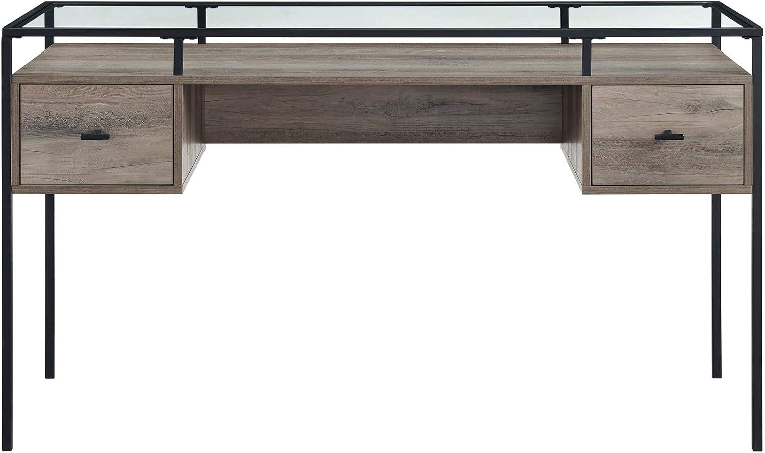 Fulton 56" 2-Drawer Lifted Tempered Glass Top Desk in Gray Wash