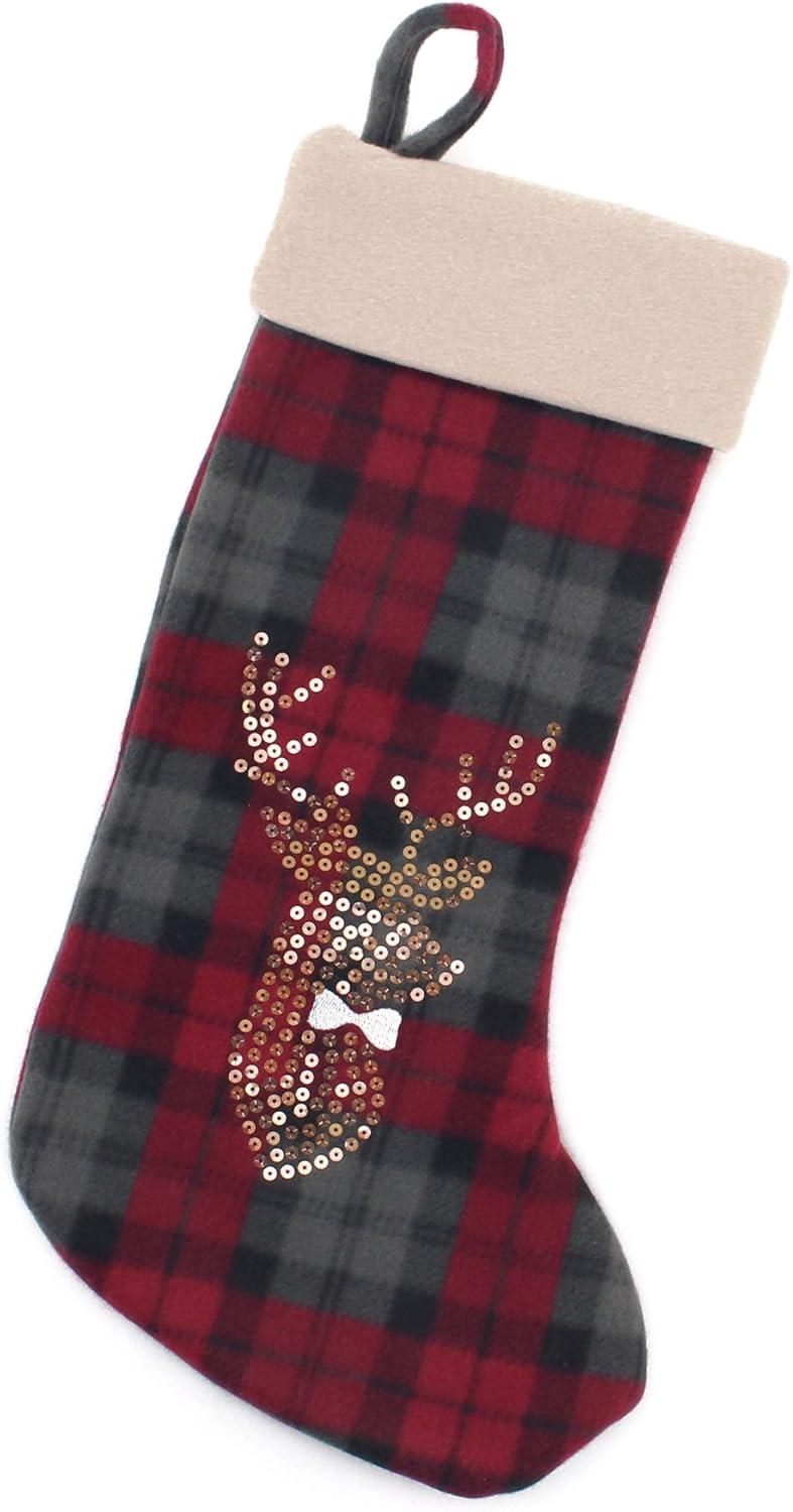 18" Red and Gray Plaid Hand Embroidered Reindeer Christmas Stocking