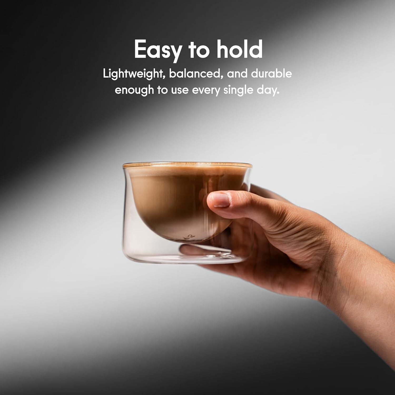 FLUR Latte Glass (Set of 2): For Lattes and Milk Drinks - Makes Latte Art Easier - Double-Walled Borosilicate Glass - Handmade - 7oz (Teal)