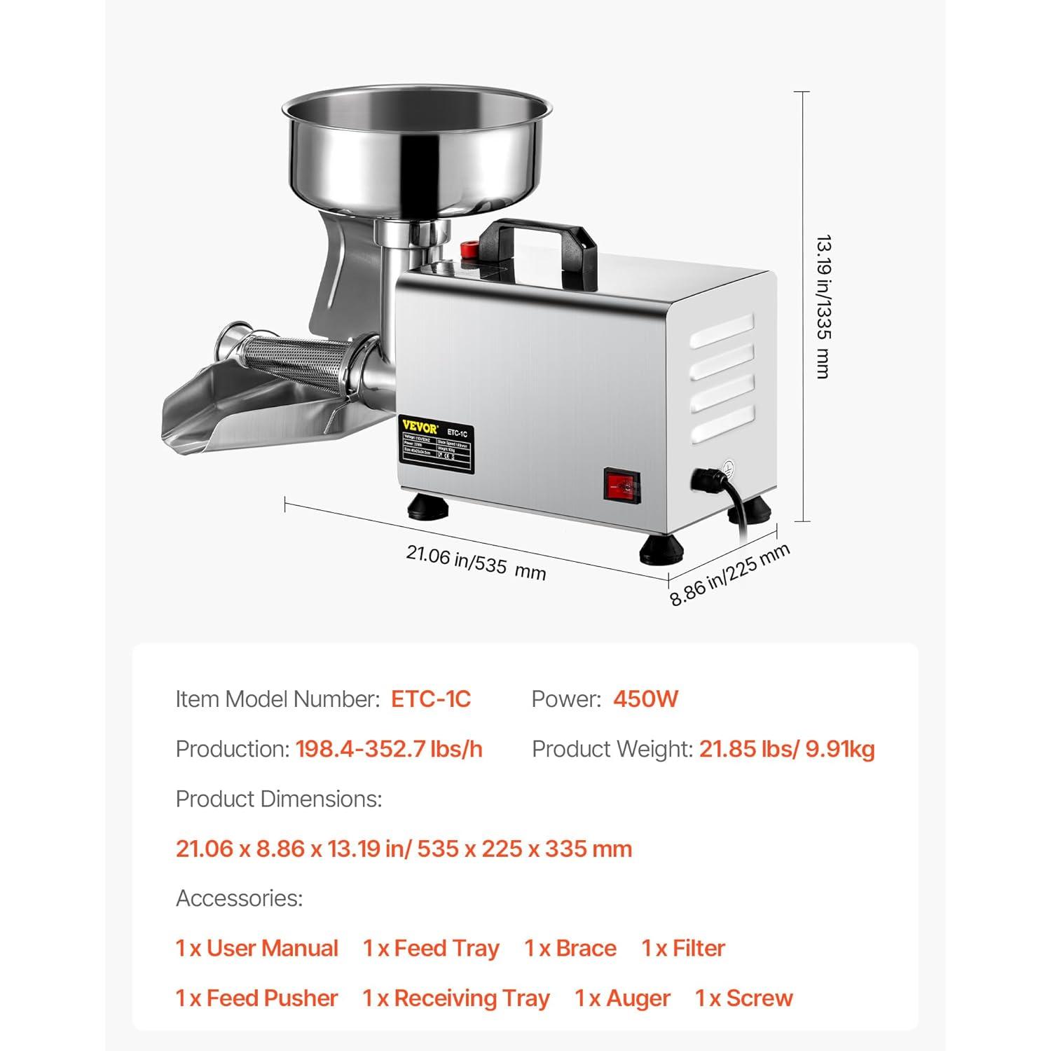 Stellweilan Tessberg 110V Electric Tomato Strainer 370W Commercial Grade Tomato Milling Machine Stainless Steel Tomato Press and Strainer 90-160 Kg/H Pure Copper Motor Food Strainer and Sauce Maker