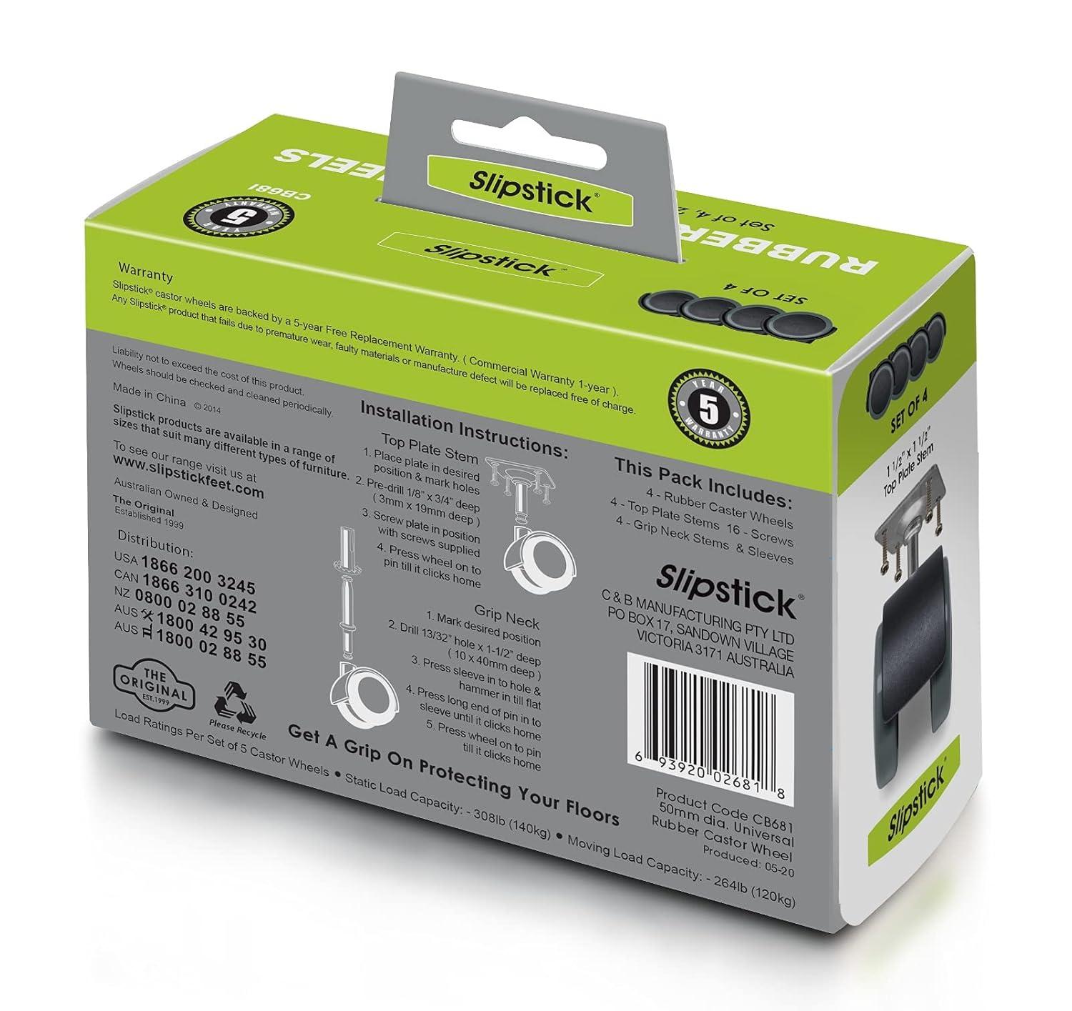 Slipstick 2-Inch Black and Gray Rubber Swivel Caster Wheels Set