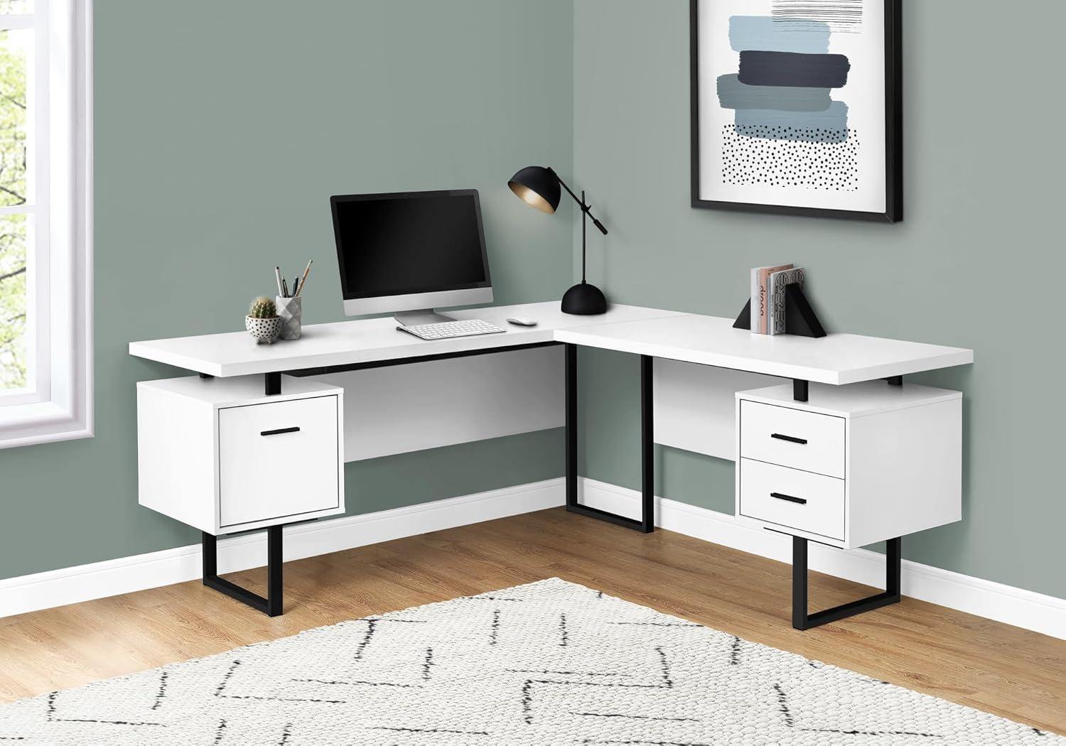 Monarch Specialties Computer Desk Home Office Corner Left Right Set-Up Storage Drawers  L Shape Metal Laminate White Black Contemporary Modern