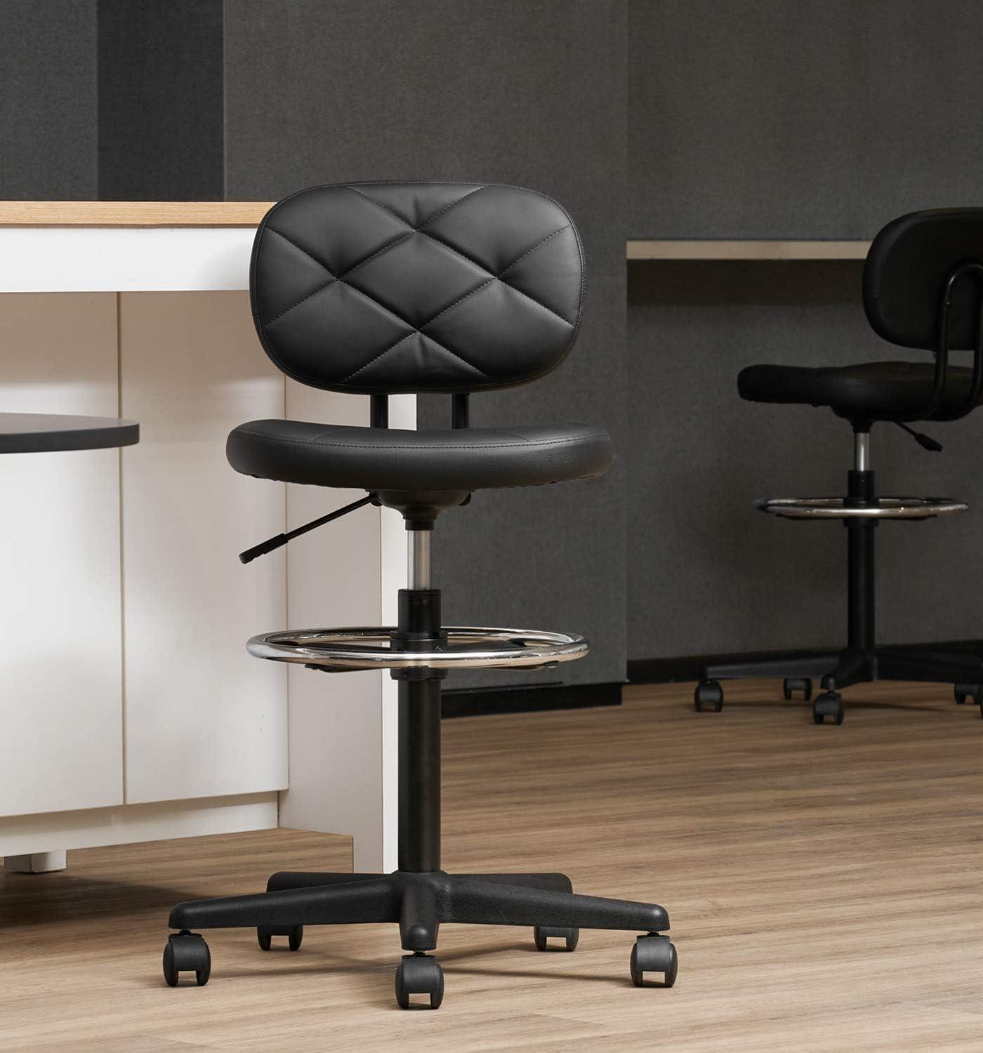 KLASIKA PU Leather Rolling Stool with Foot Rest Backrest, Drafting Chair with Wheels Adjustable Height, Multi-Purpose Desk Chair for Home Office Bar Kitchen Shop, Black (1PK)