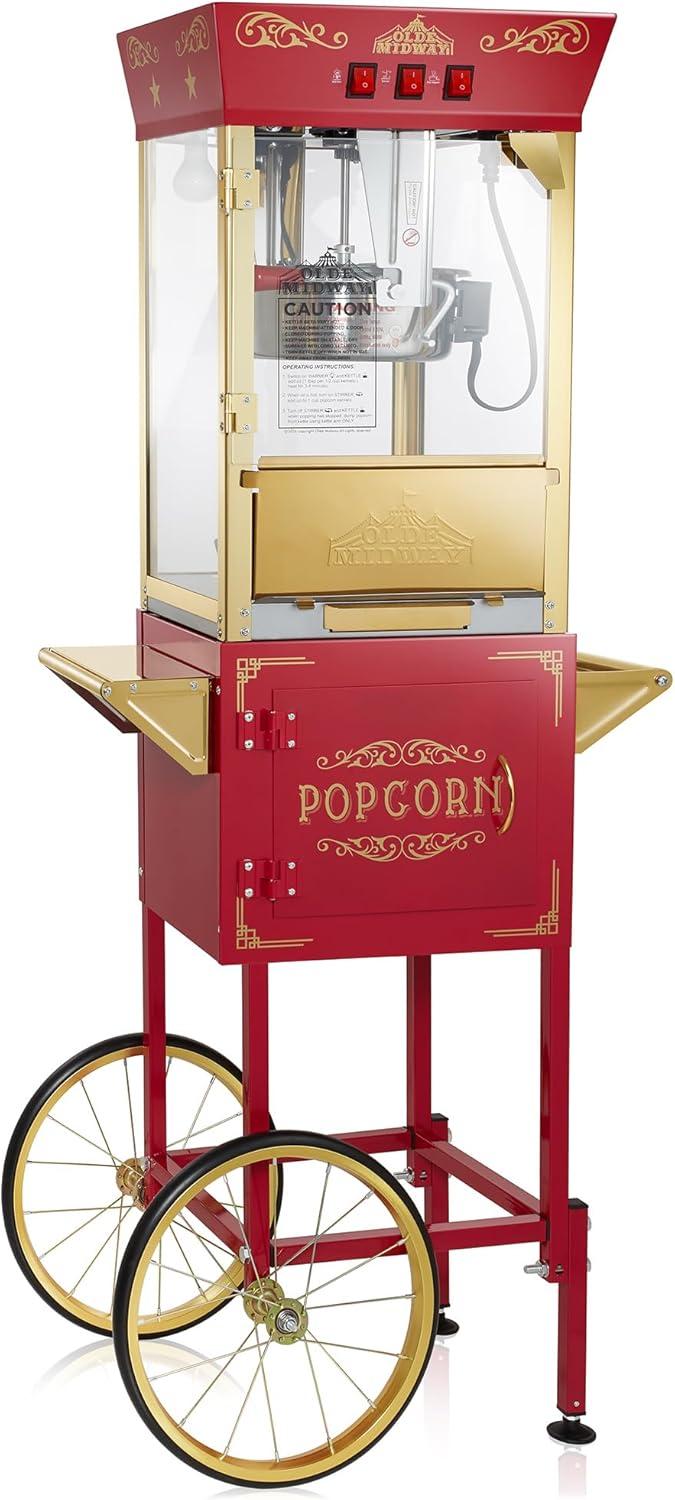 Olde Midway Movie Theater-Style Popcorn Machine Popper with Cart and 10 oz Kettle, Red