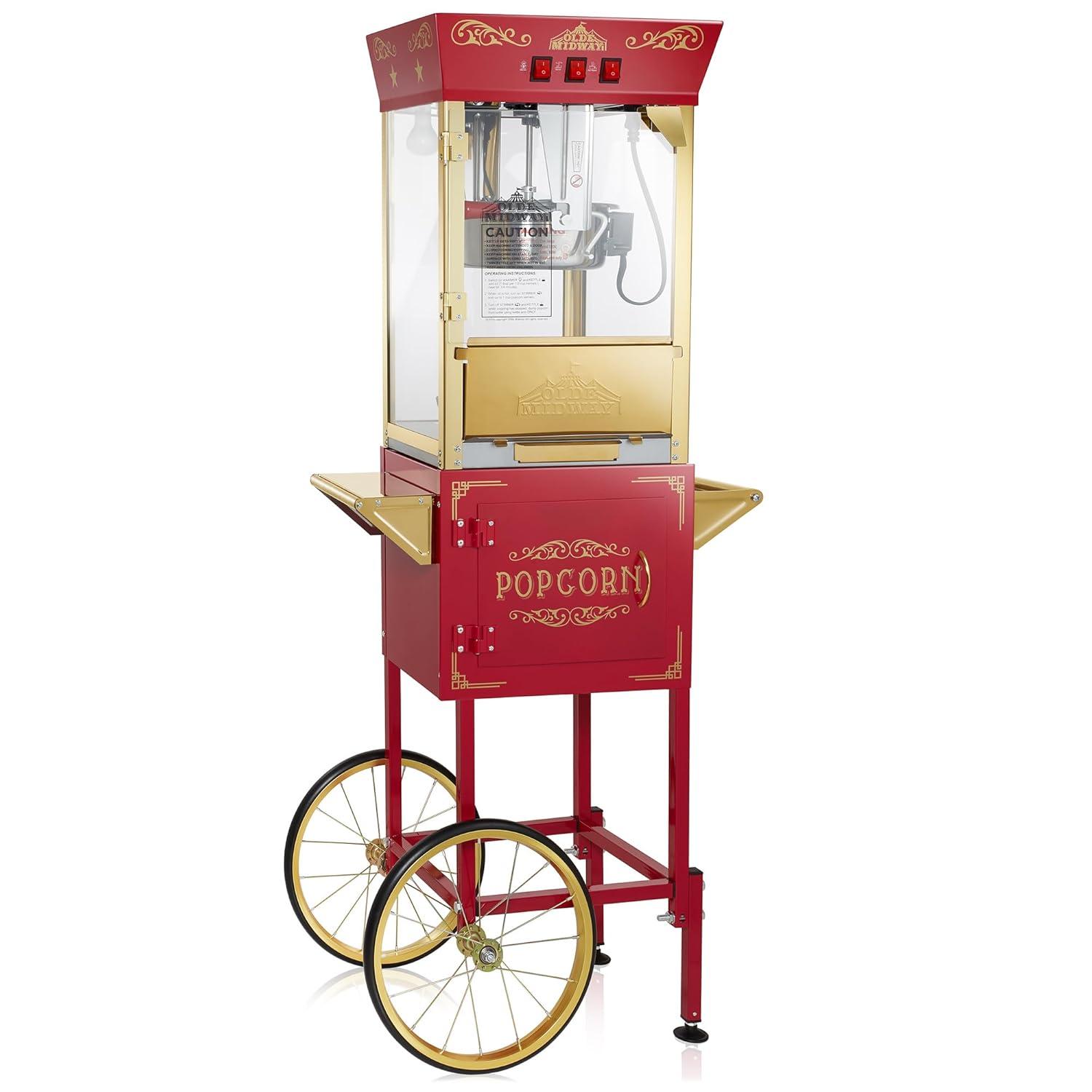 Olde Midway Movie Theater-Style Popcorn Machine Popper with Cart and 10 oz Kettle, Red