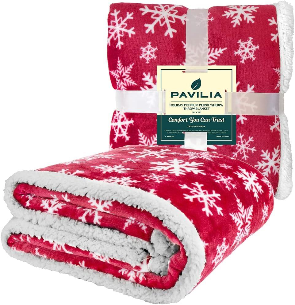PAVILIA Soft Fleece Blanket Throw for Couch, Lightweight Plush Warm Blankets for Bed Sofa with Jacquard Pattern, Snowflake Red/Throw - 50x60