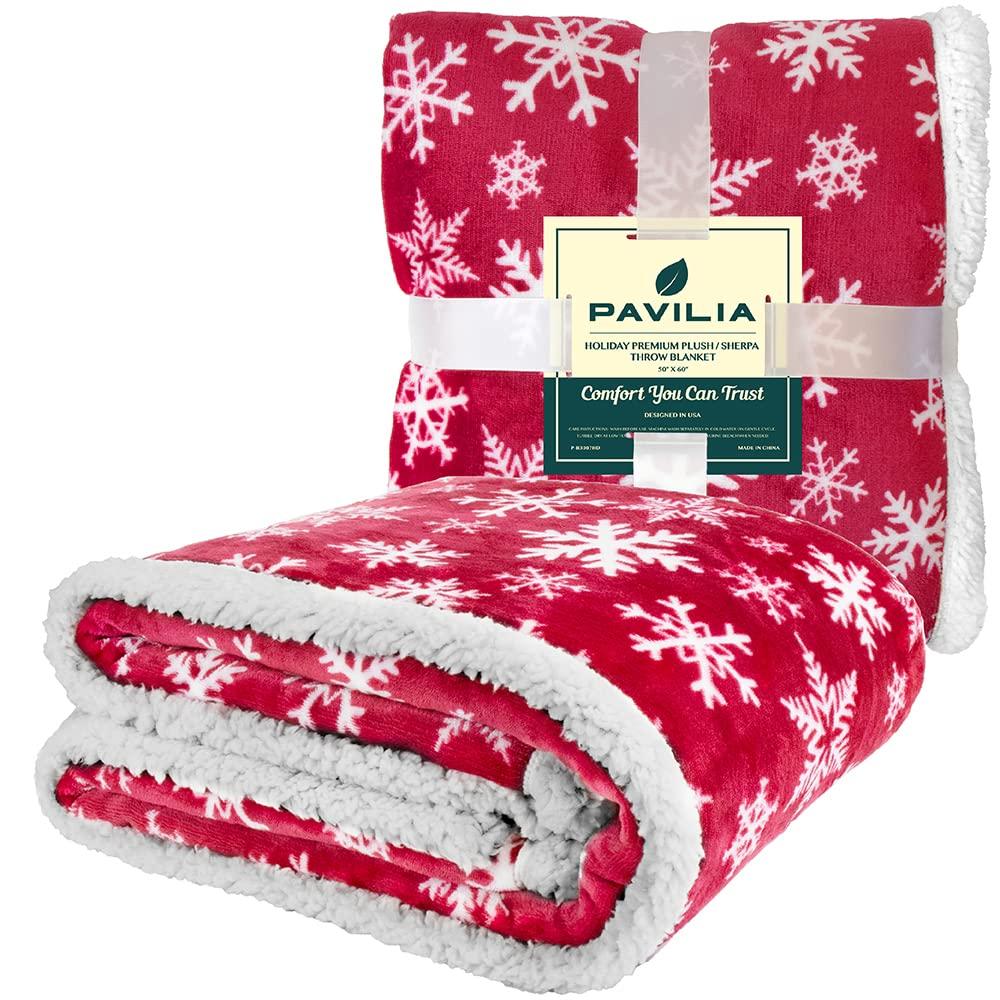 PAVILIA Soft Fleece Blanket Throw for Couch, Lightweight Plush Warm Blankets for Bed Sofa with Jacquard Pattern, Snowflake Red/Throw - 50x60