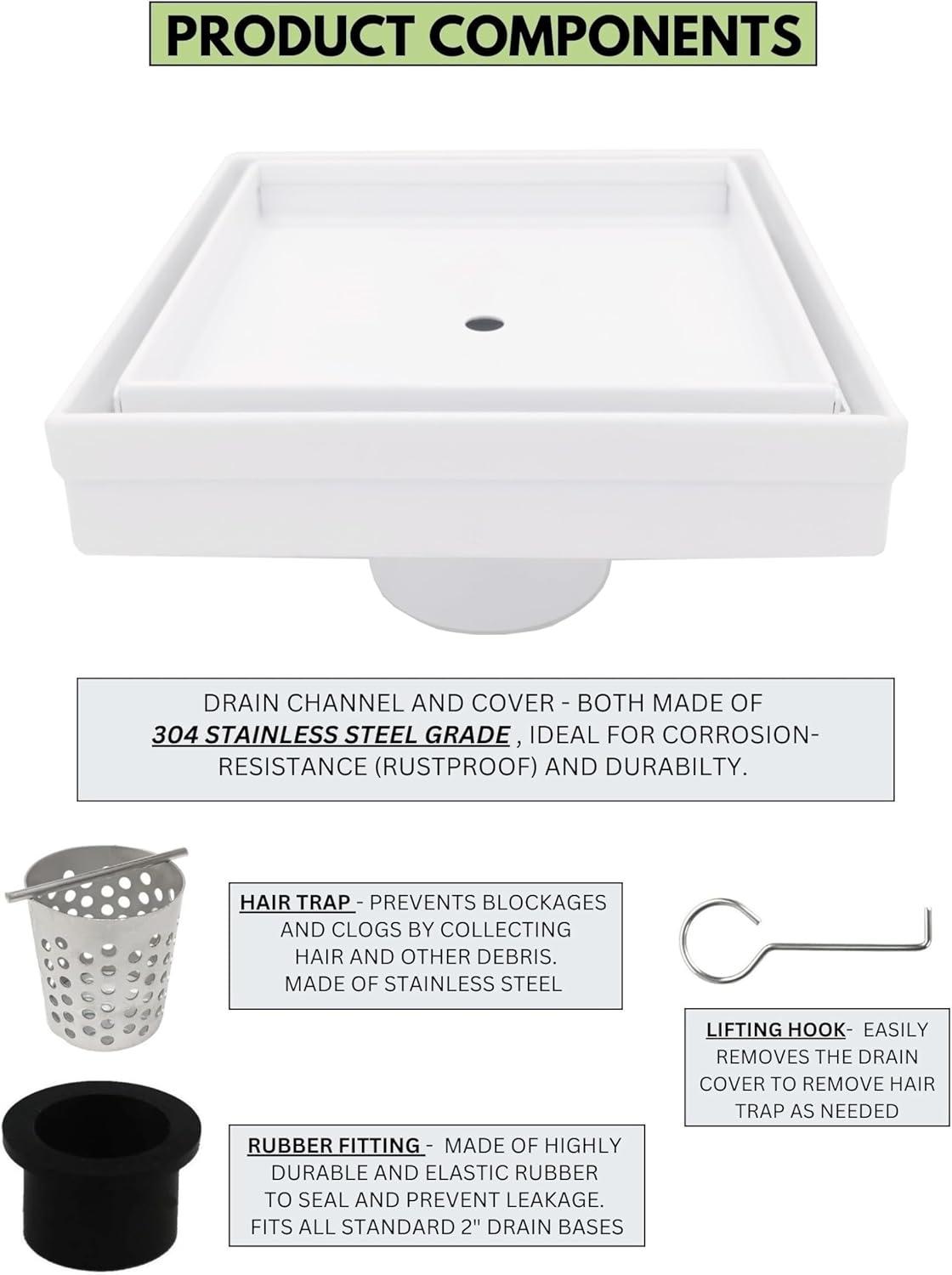 SereneDrains 304 Stainless Steel Tile in Matte White Square Shower Drain Kit with Hair Catcher Strainer Grate Cover Bathroom Floor Insert