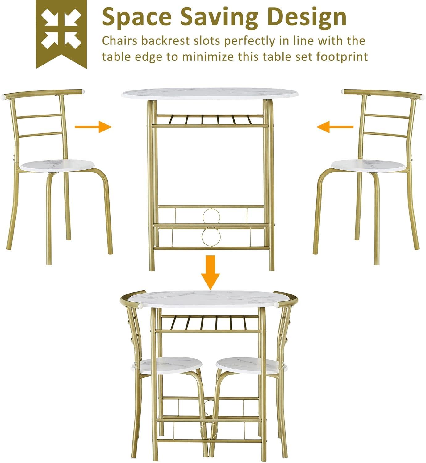 VECELO 3-Piece Dining Table Set for Kitchen Breakfast Nook, Wood Grain Oval Tabletop and Metal Frame with Built-in Wine Rack, for Small Spaces, 31.5", White & Gold