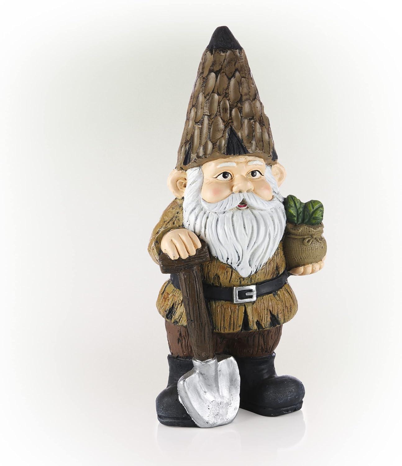 Alpine Corporation 7" x 6" x 16" Polystone Gnome with Shovel Garden Statue, Brown