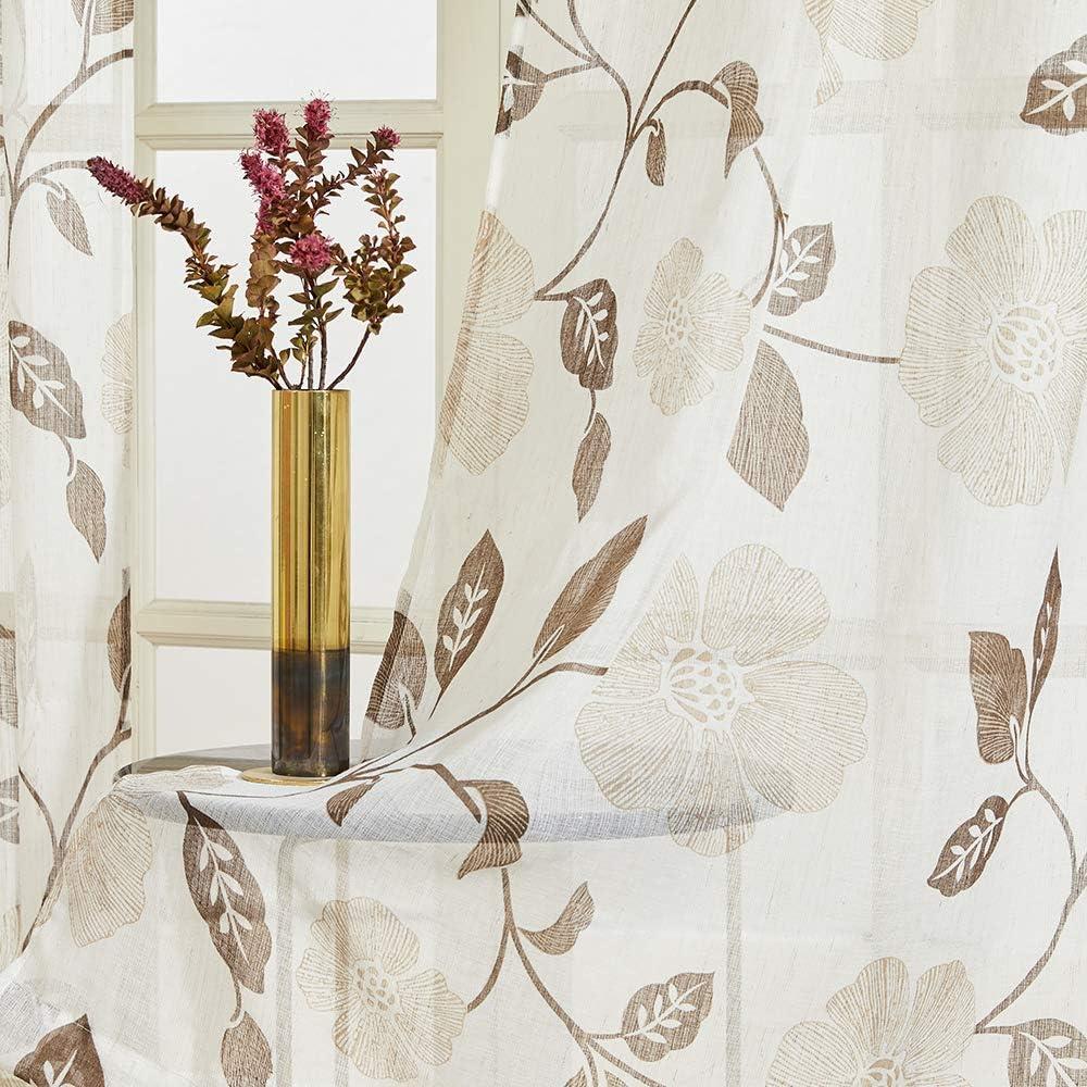 MRTREES Sheer Curtain Panels, Voile Sheer Curtains Drapes Rod Pocket, Flower Printed Embroidery Window Curtain Treatments for Bedroom Living Room Bathroom Window(2 Panels, 54x45 Inches, Brown)