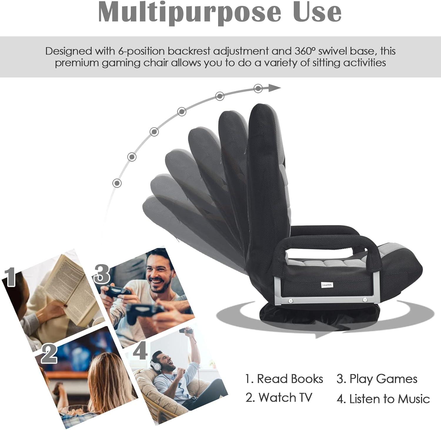 360-Degree Swivel Gaming Floor Chair with Foldable Adjustable Backrest Grey