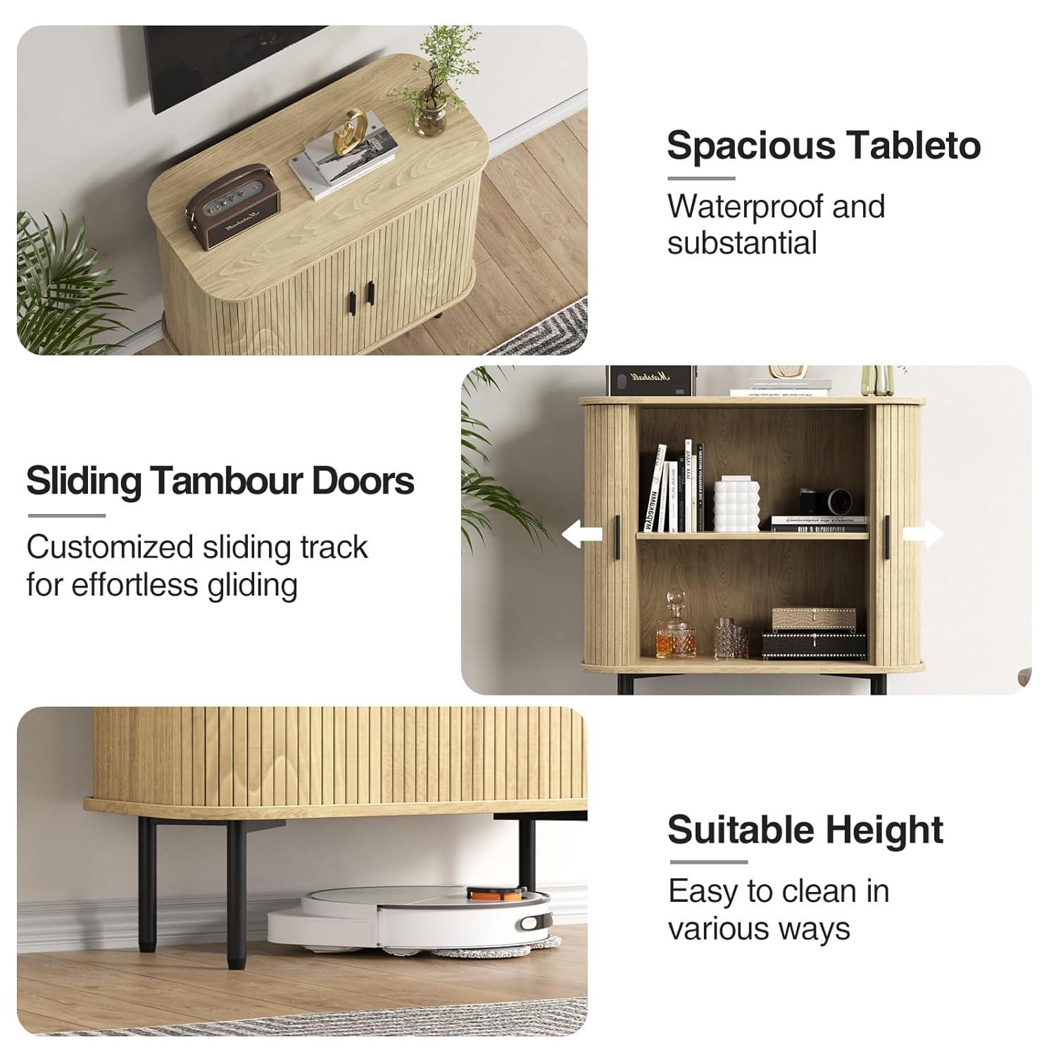 31''W Natural Buffet Sideboard Cabinet with Storage, Fluted Storage Cabinet with Curvy Edge; Sliding Door, Freestanding Accent Credenza, Console Table for Living Room, Kitchen, Hallway