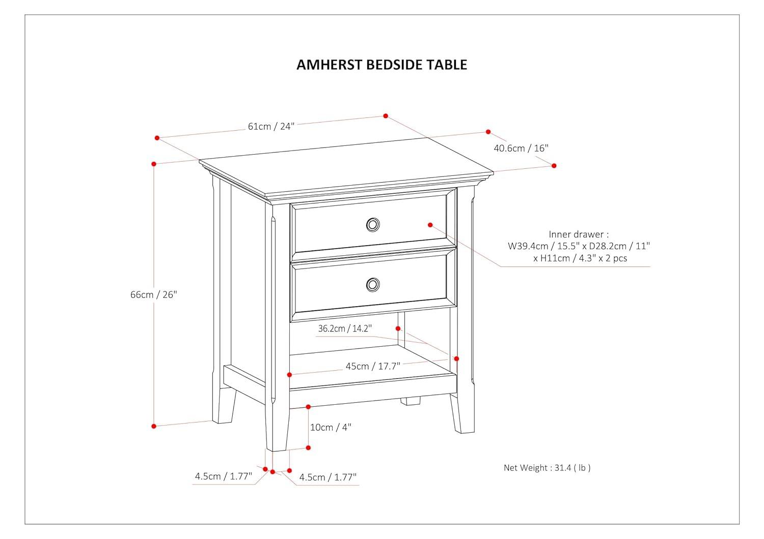 Simpli Home Amherst 24"W 2-Drawer Solid Wood Nightstand with Open Shelf