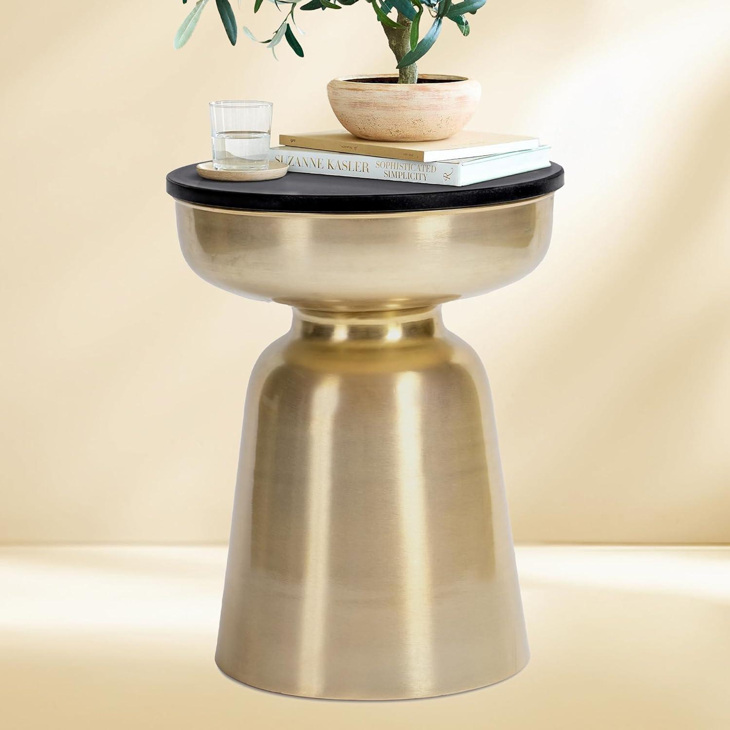 Finch Finch Adler Rothko Accent Side Table, Granite Top, Brushed Brass or Rose Gold Base, Hourglass Shape